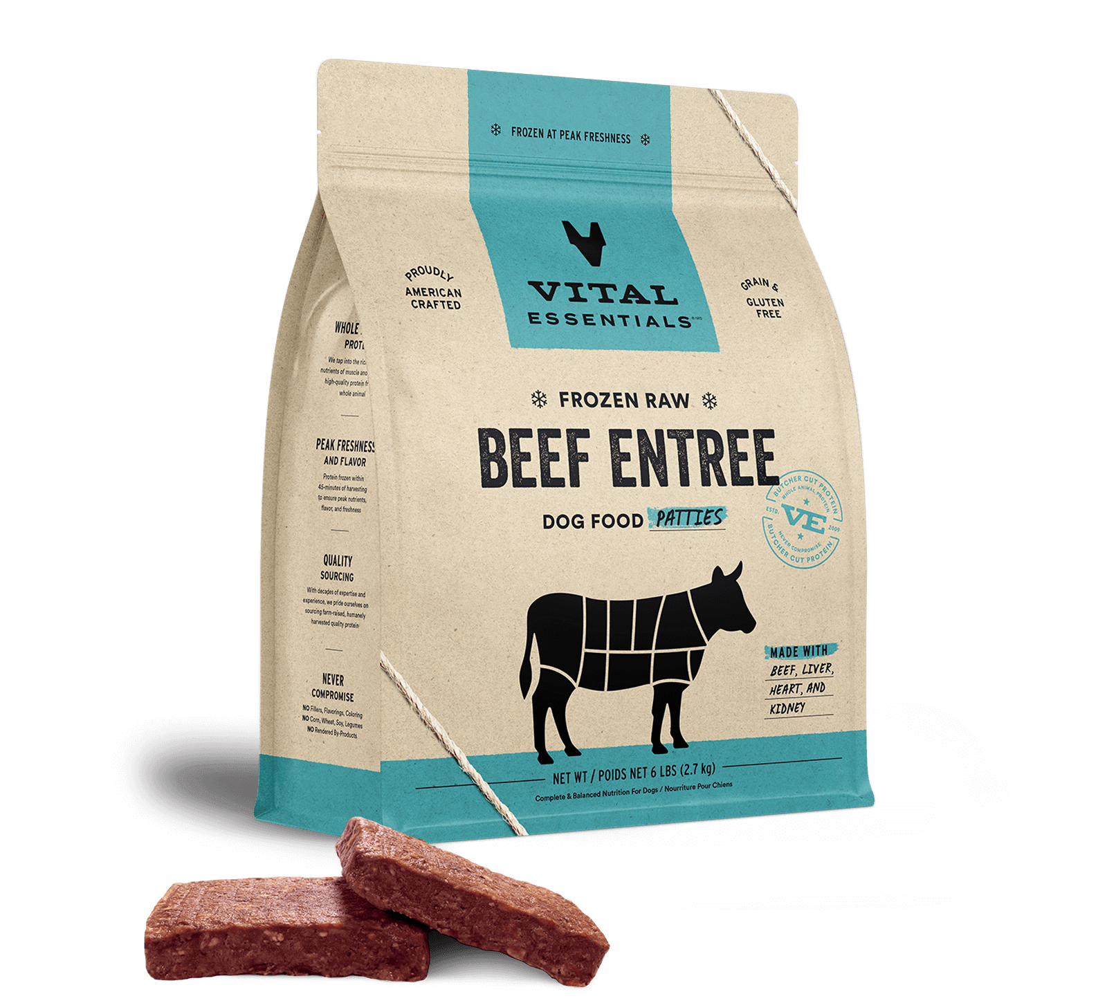 package front vital essentials®_frozen raw_beef_entree_patties_dog food