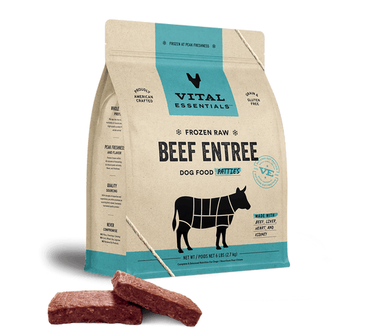 package front vital essentials®_frozen raw_beef_entree_patties_dog food