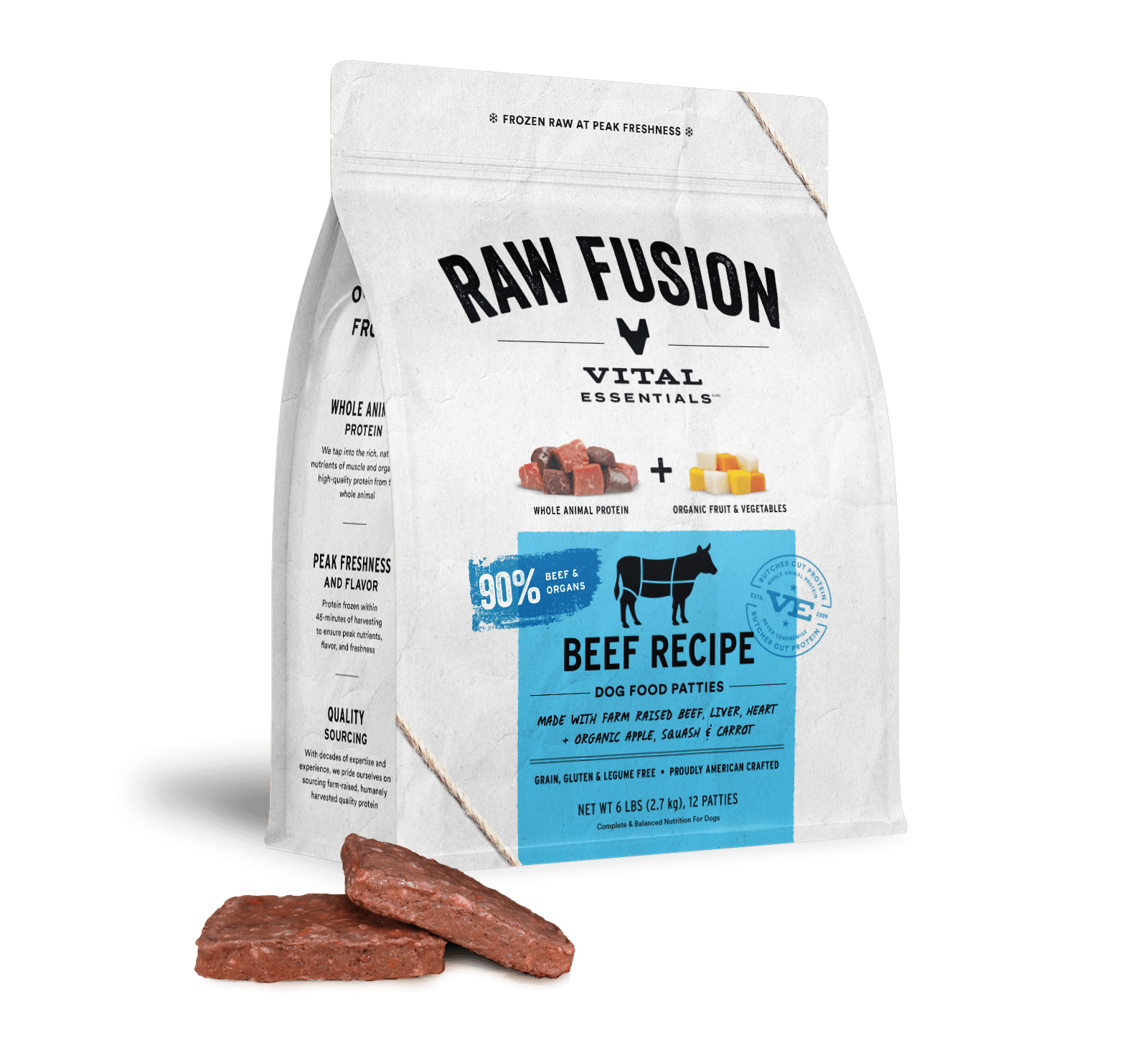 package front vital essentials®_raw fusion_beef_recipe_patties_dog food