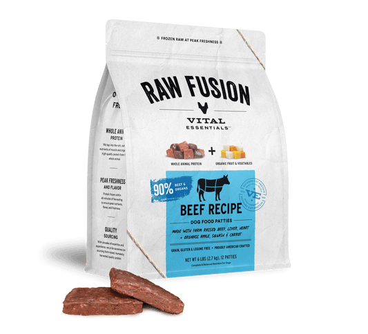 package front vital essentials®_raw fusion_beef_recipe_patties_dog food