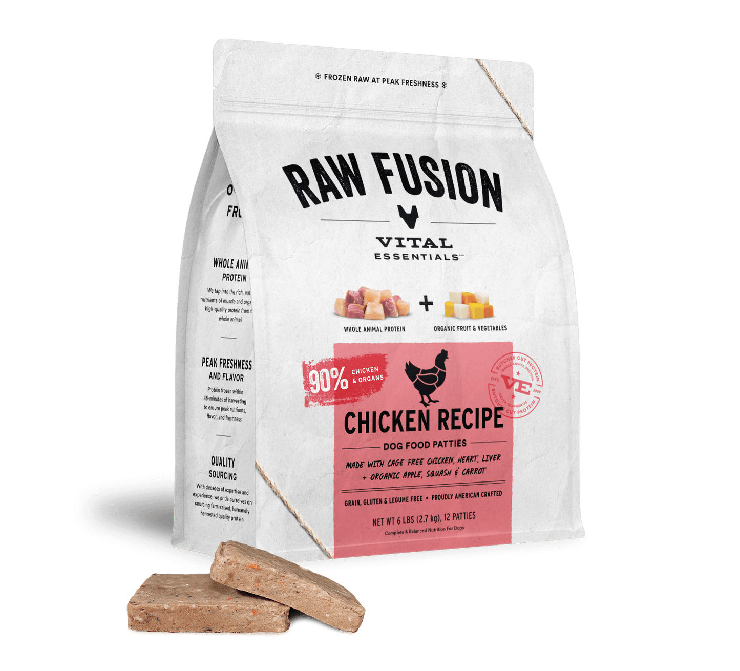 package front vital essentials®_raw fusion_chicken_recipe_patties_dog food