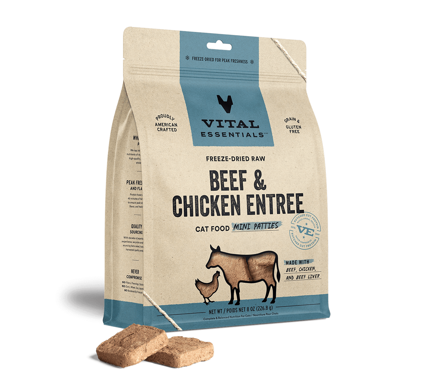 package front vital essentials®_freeze-dried raw_beef & chicken_entree_mini patties_cat food