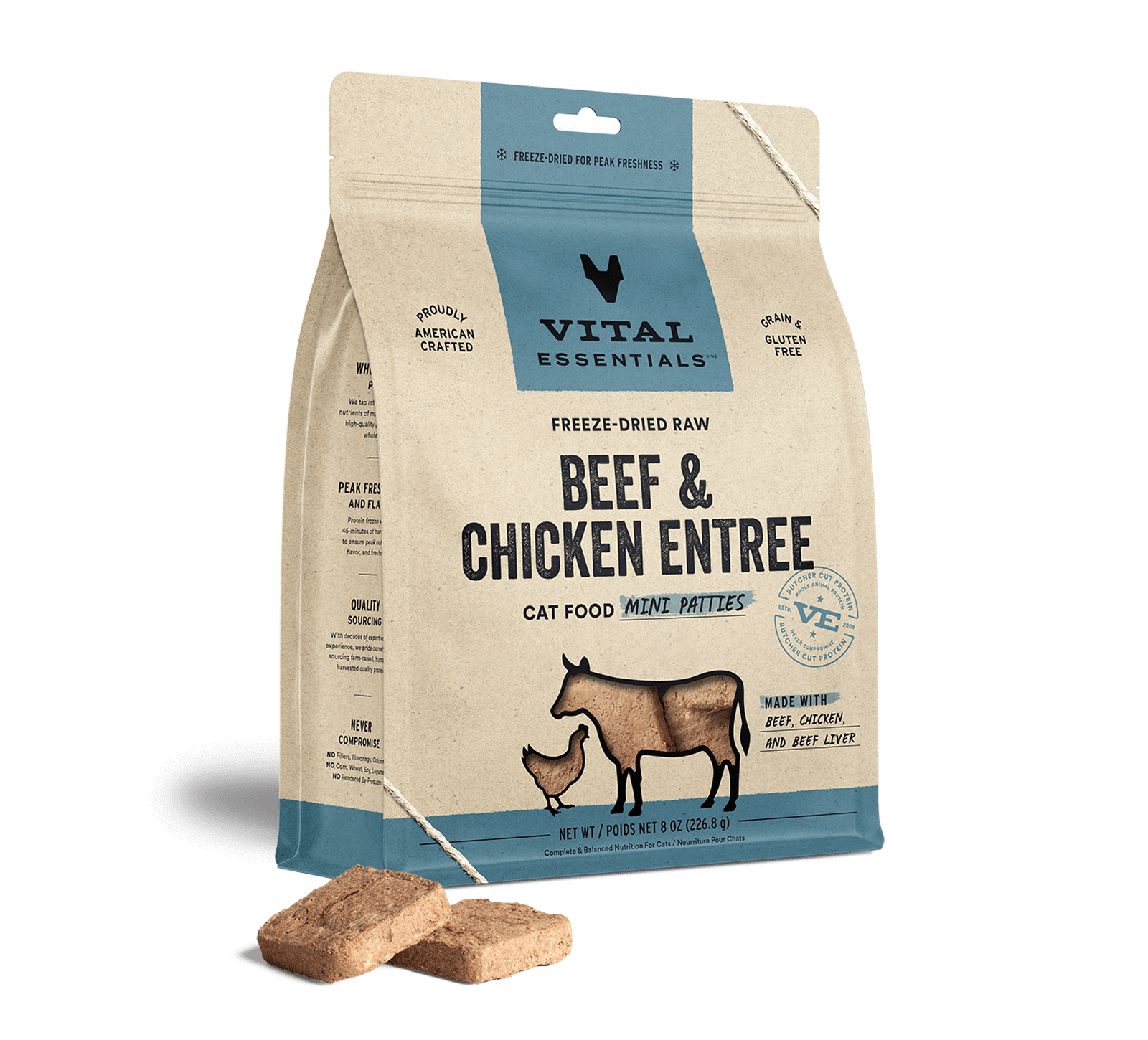 package front vital essentials®_freeze-dried raw_beef & chicken_entree_mini patties_cat food