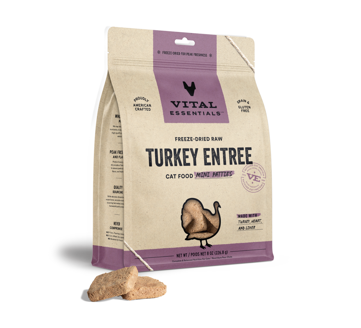 package front vital essentials®_freeze-dried raw_turkey_entree_mini patties_cat food