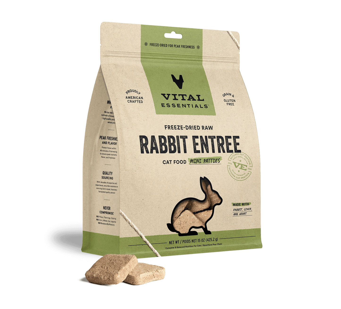 package front vital essentials®_freeze-dried raw_rabbit_entree_mini patties_cat food