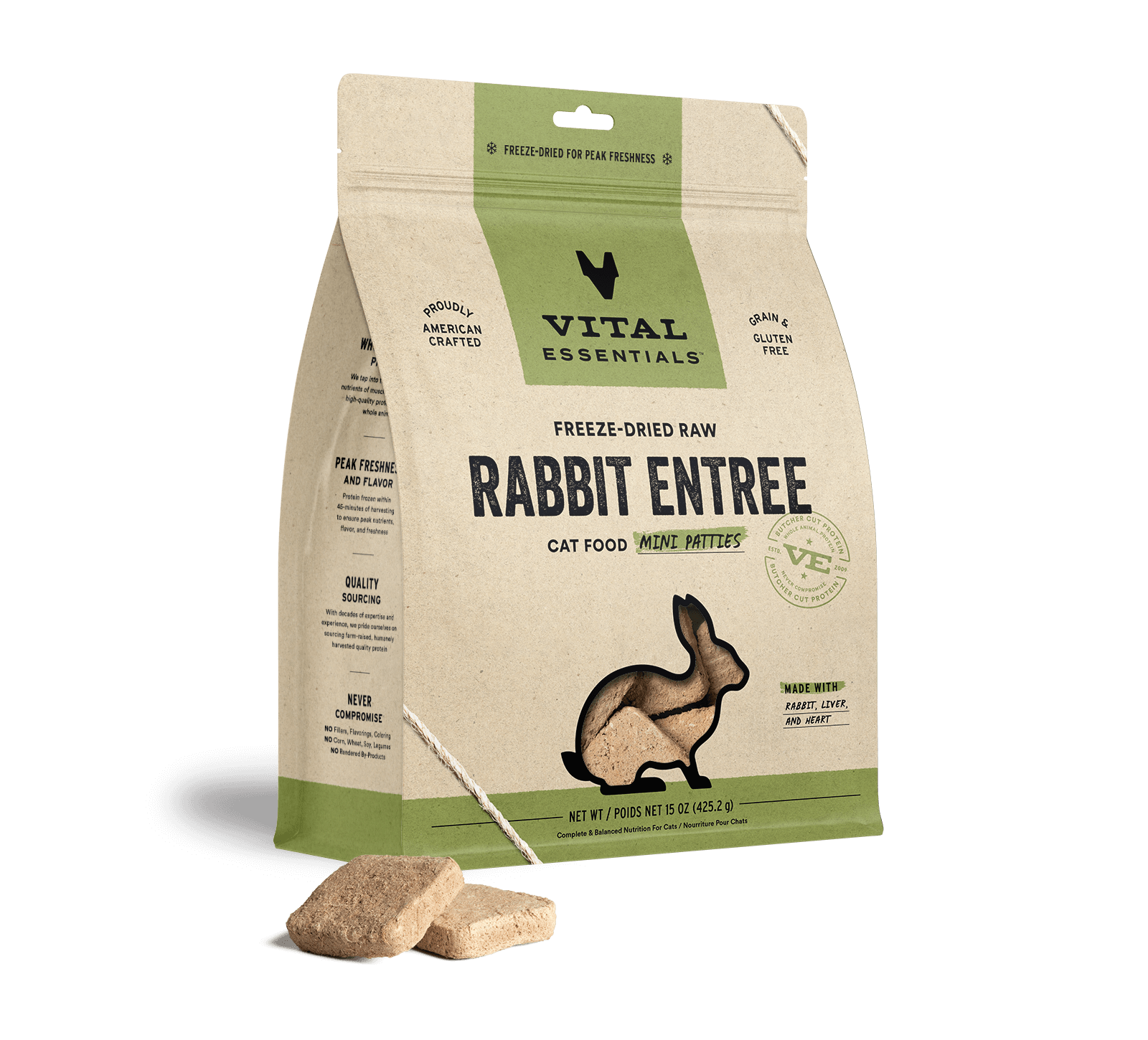 package front vital essentials®_freeze-dried raw_rabbit_entree_mini patties_cat food