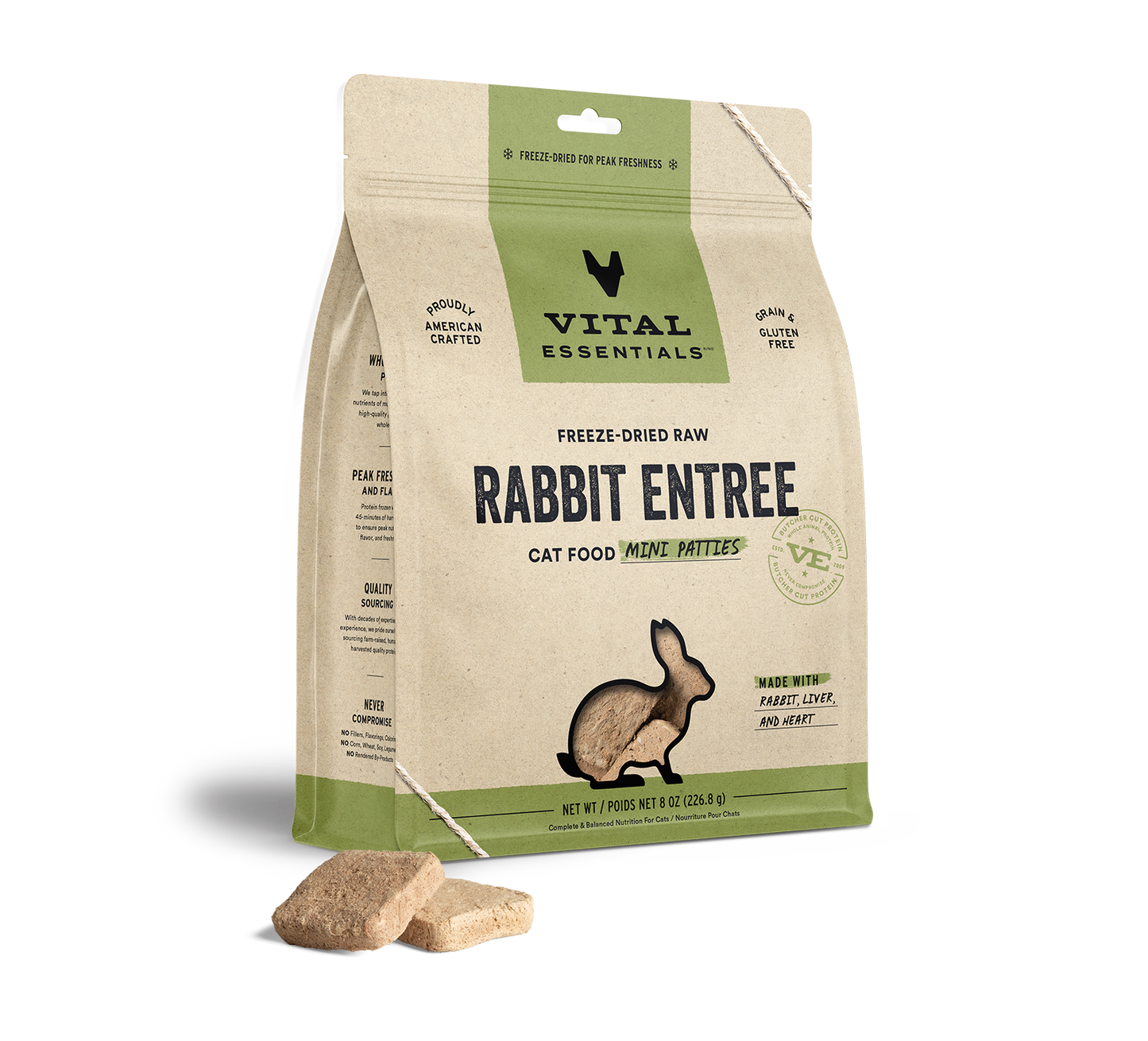 package front vital essentials®_freeze-dried raw_rabbit_entree_mini patties_cat food