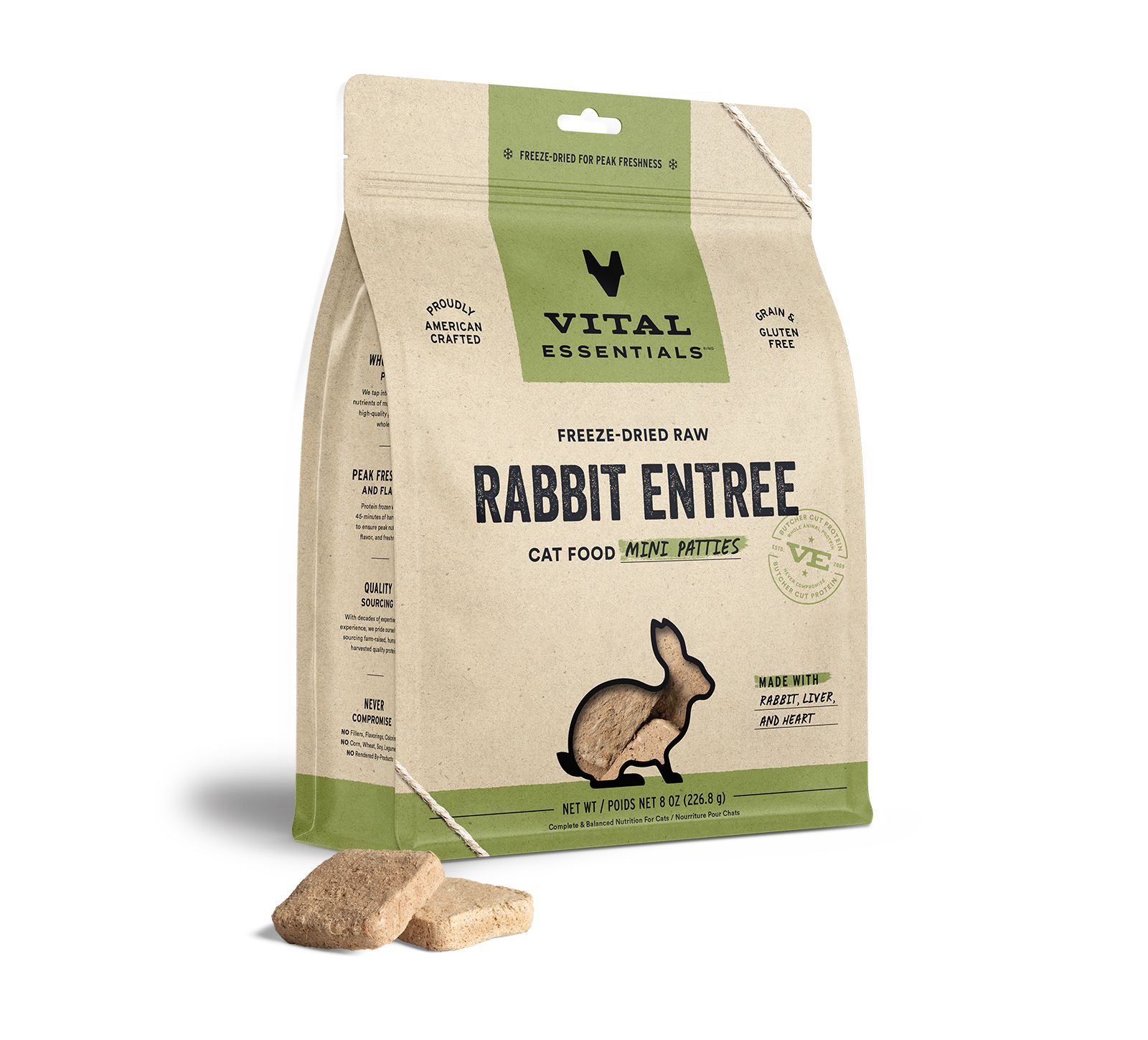 package front vital essentials®_freeze-dried raw_rabbit_entree_mini patties_cat food