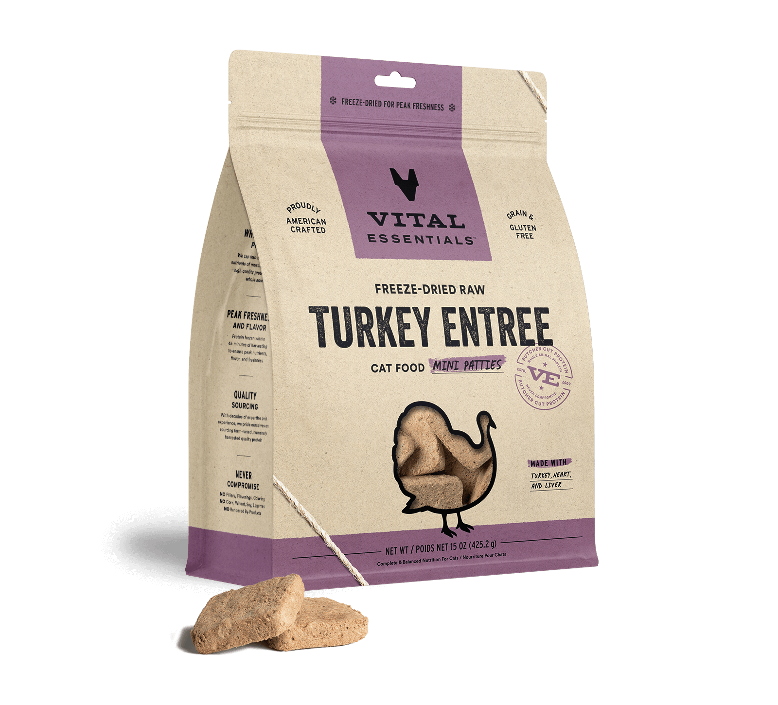 package front vital essentials®_freeze-dried raw_turkey_entree_mini patties_cat food