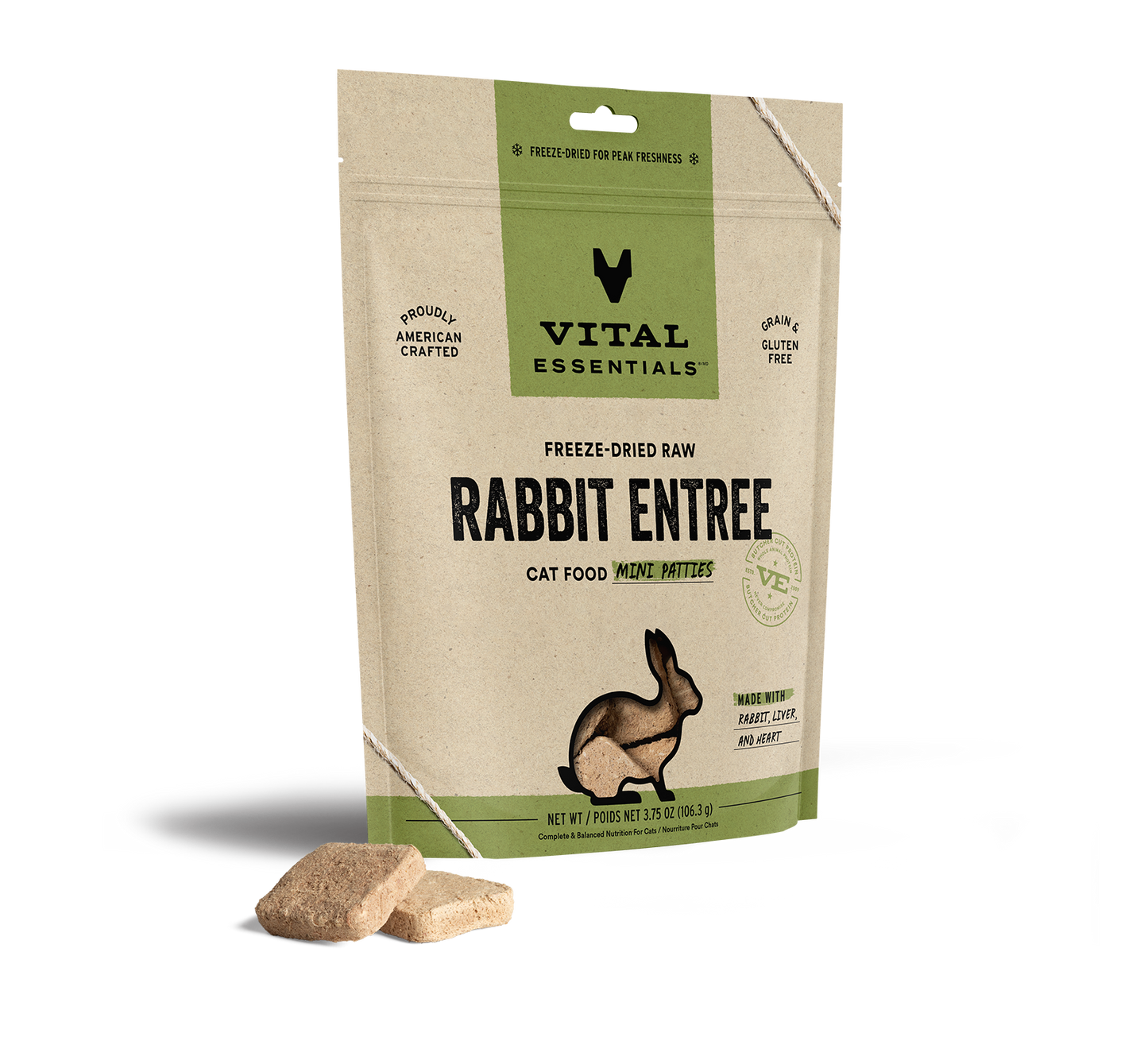 package front vital essentials®_freeze-dried raw_rabbit_entree_mini patties_cat food