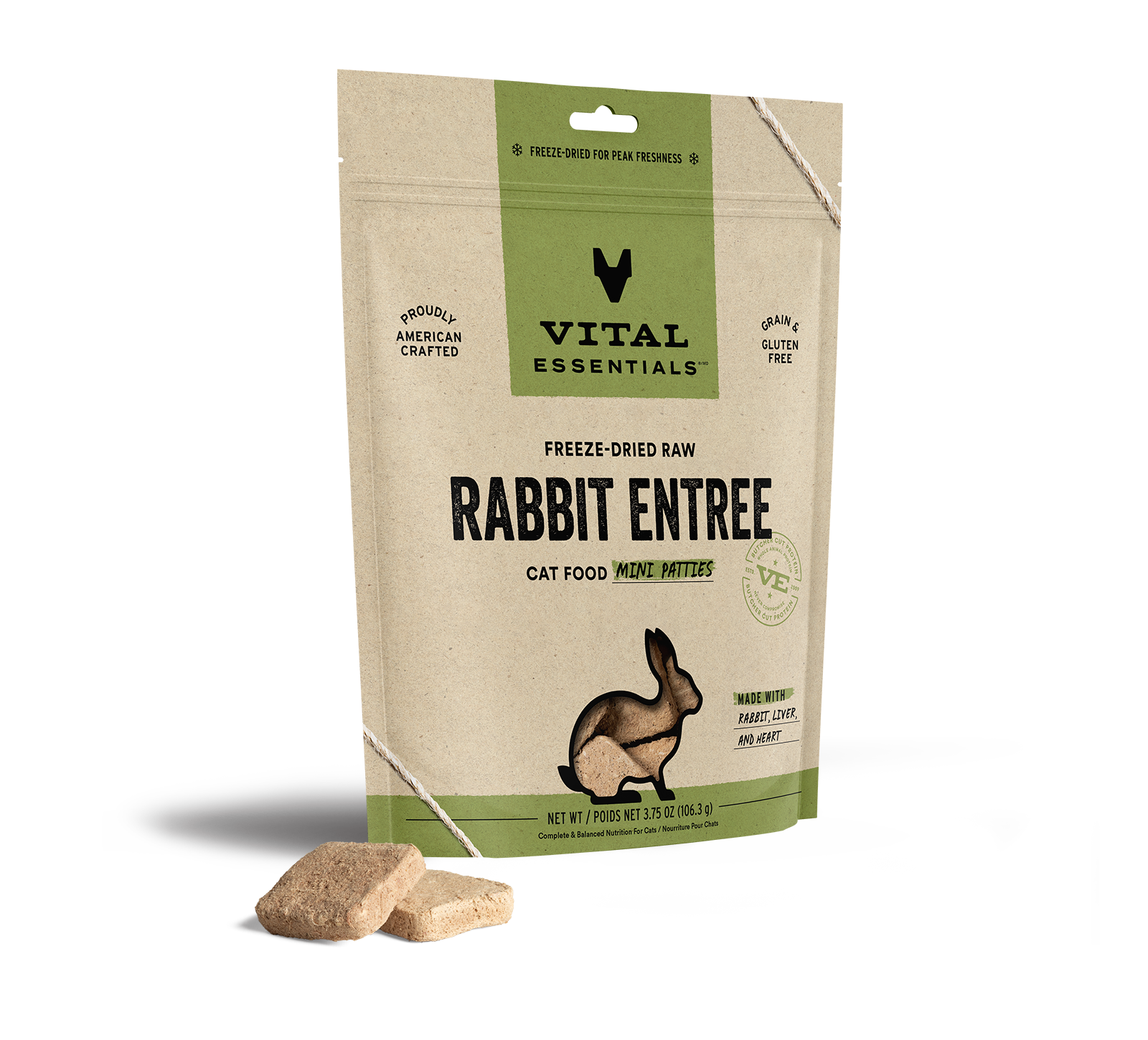 package front vital essentials®_freeze-dried raw_rabbit_entree_mini patties_cat food