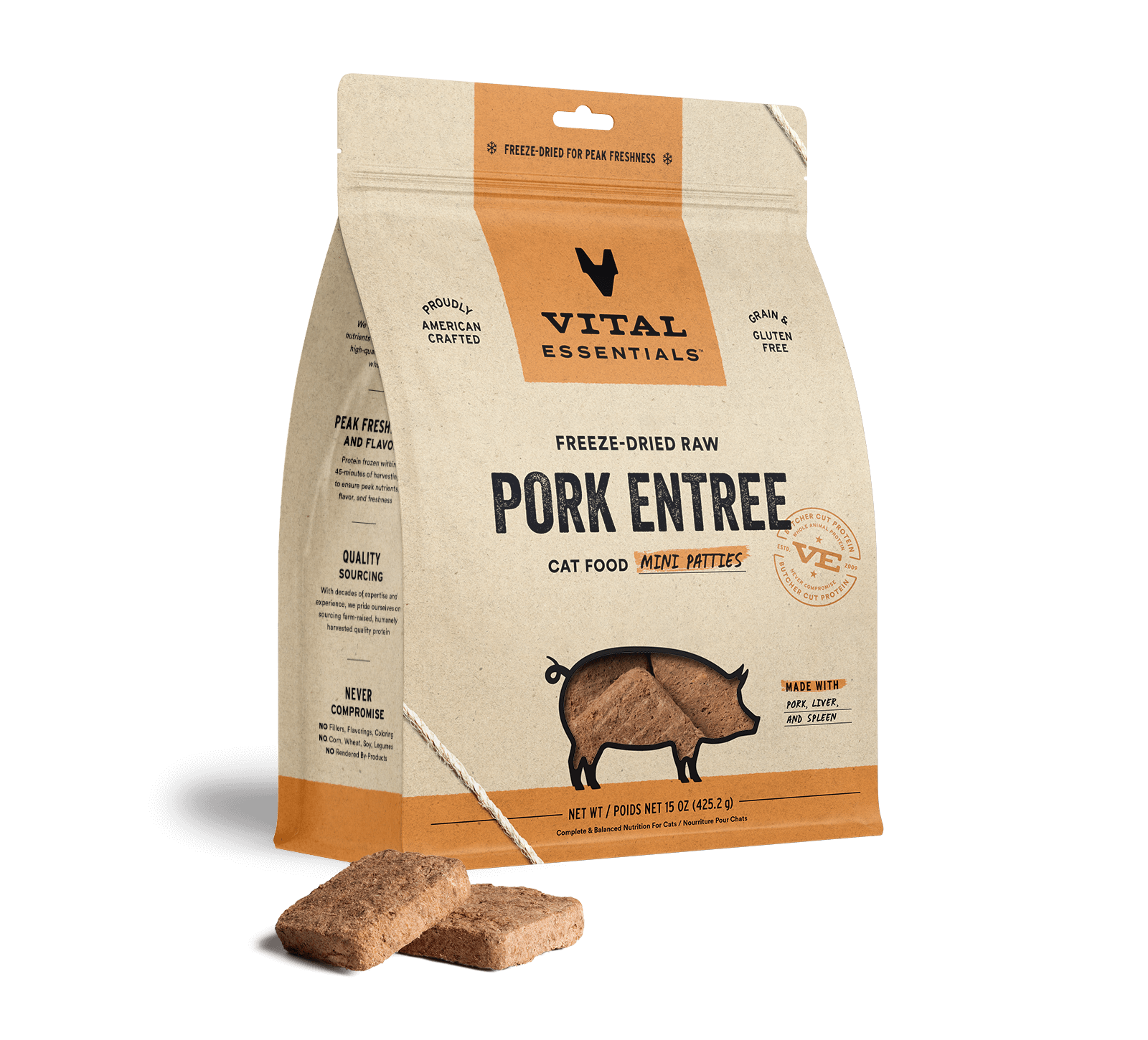 package front vital essentials®_freeze-dried raw_pork_entree_mini patties_cat food