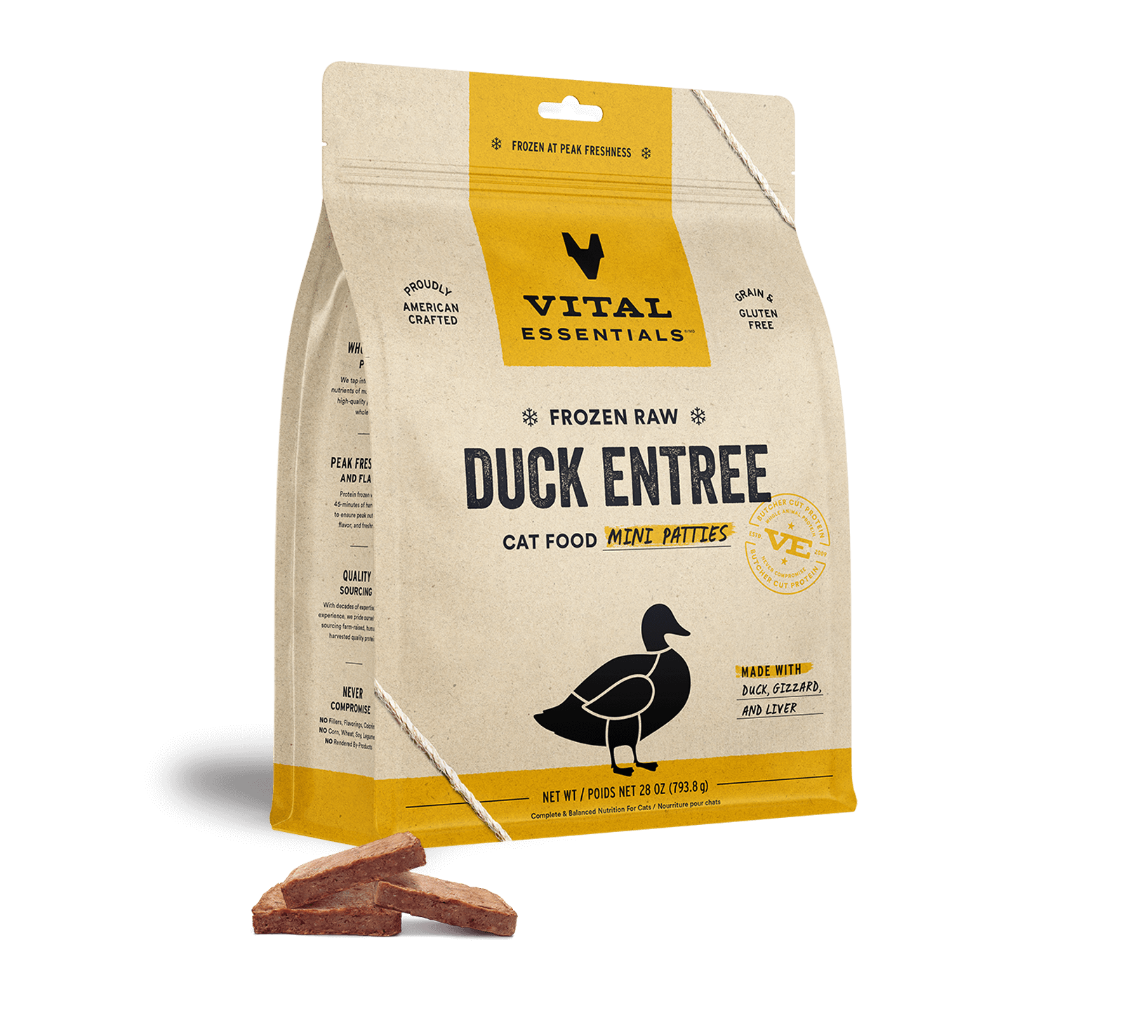 package front vital essentials®_frozen raw_duck_entree_mini patties_cat food