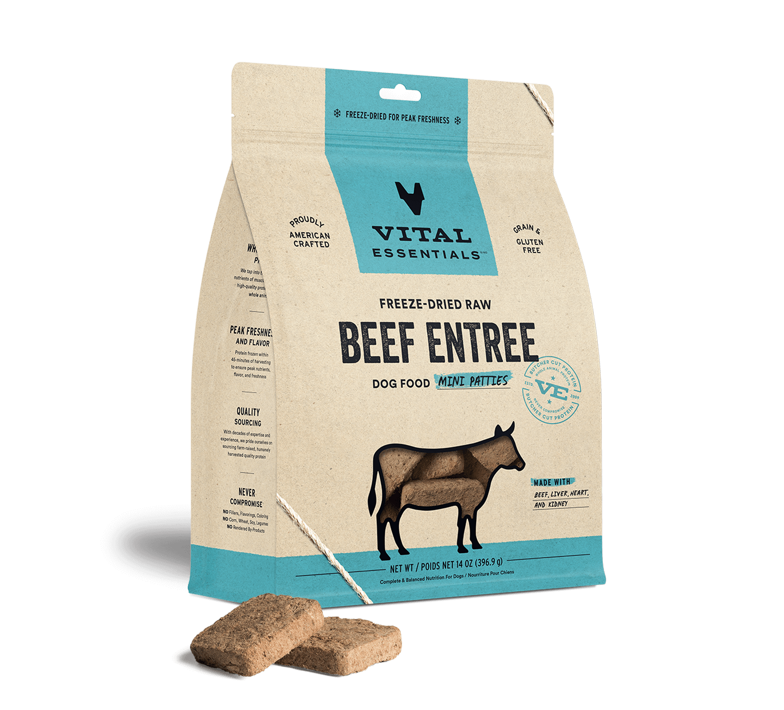 package front vital essentials®_freeze-dried raw_beef_entree_mini patties_dog food