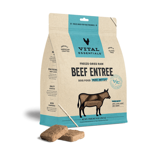 package front vital essentials®_freeze-dried raw_beef_entree_mini patties_dog food