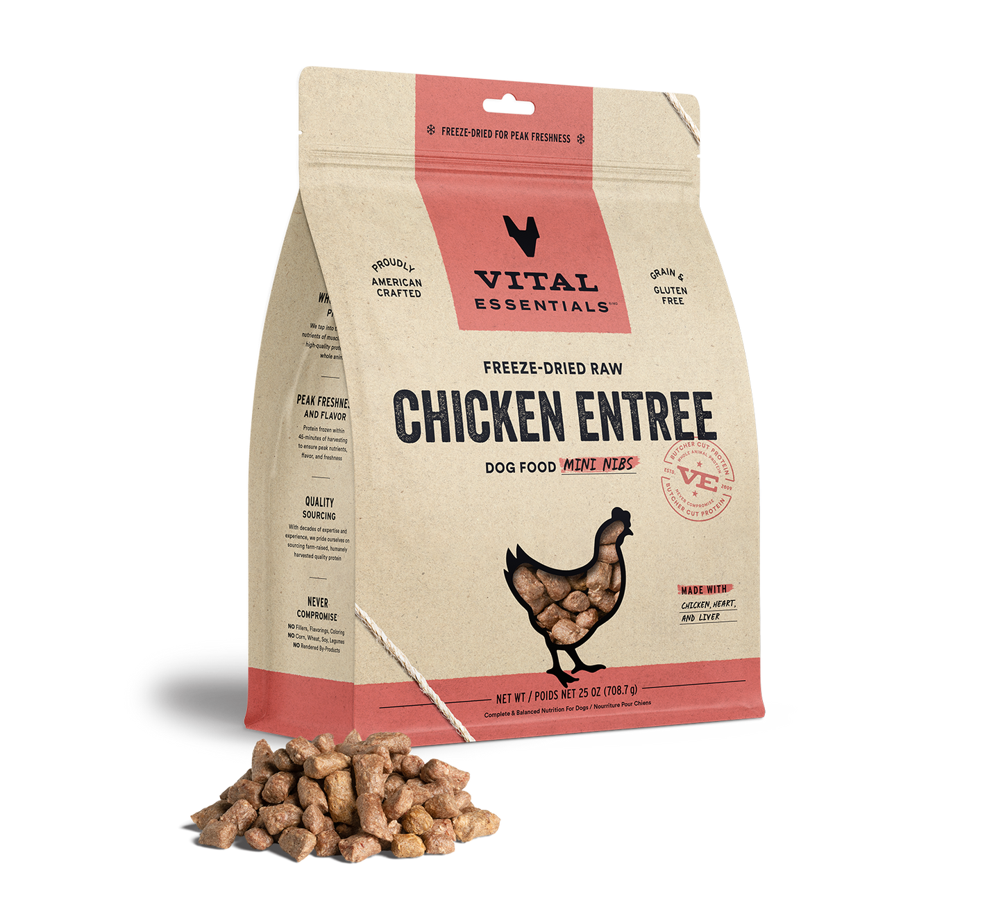 package front vital essentials®_freeze-dried raw_chicken_entree_mini nibs_dog food