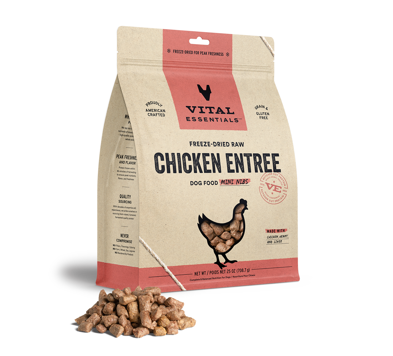 package front vital essentials®_freeze-dried raw_chicken_entree_mini nibs_dog food