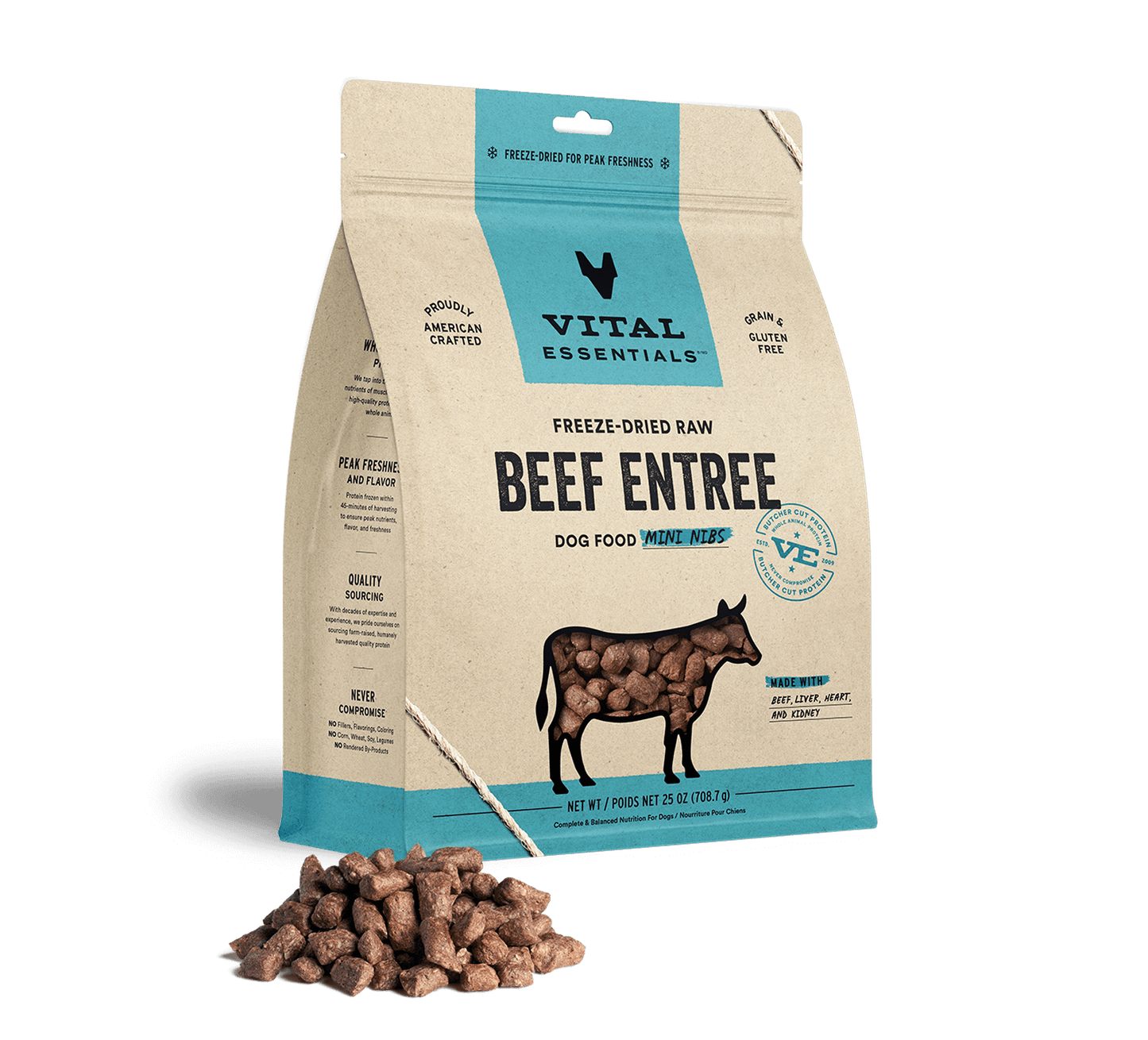 package front vital essentials®_freeze-dried raw_beef_entree_mini nibs_dog food