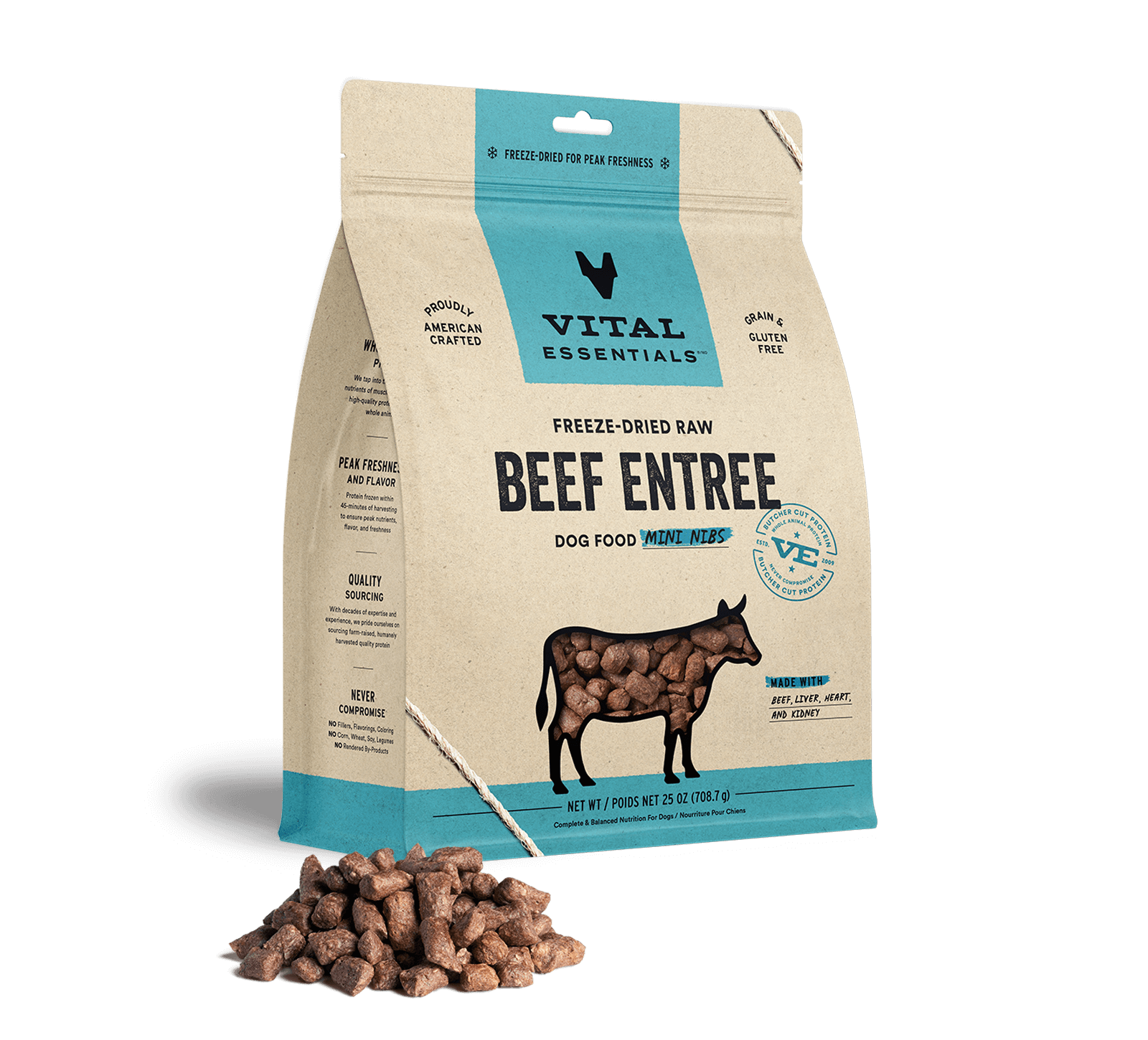 package front vital essentials®_freeze-dried raw_beef_entree_mini nibs_dog food