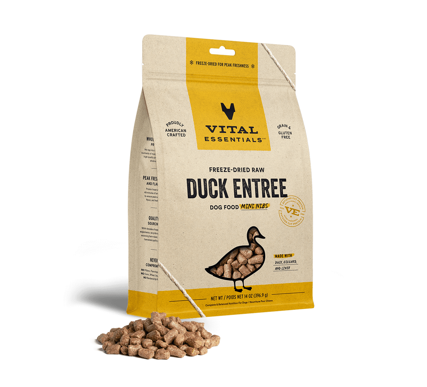 package front vital essentials®_freeze-dried raw_duck_entree_mini nibs_dog food