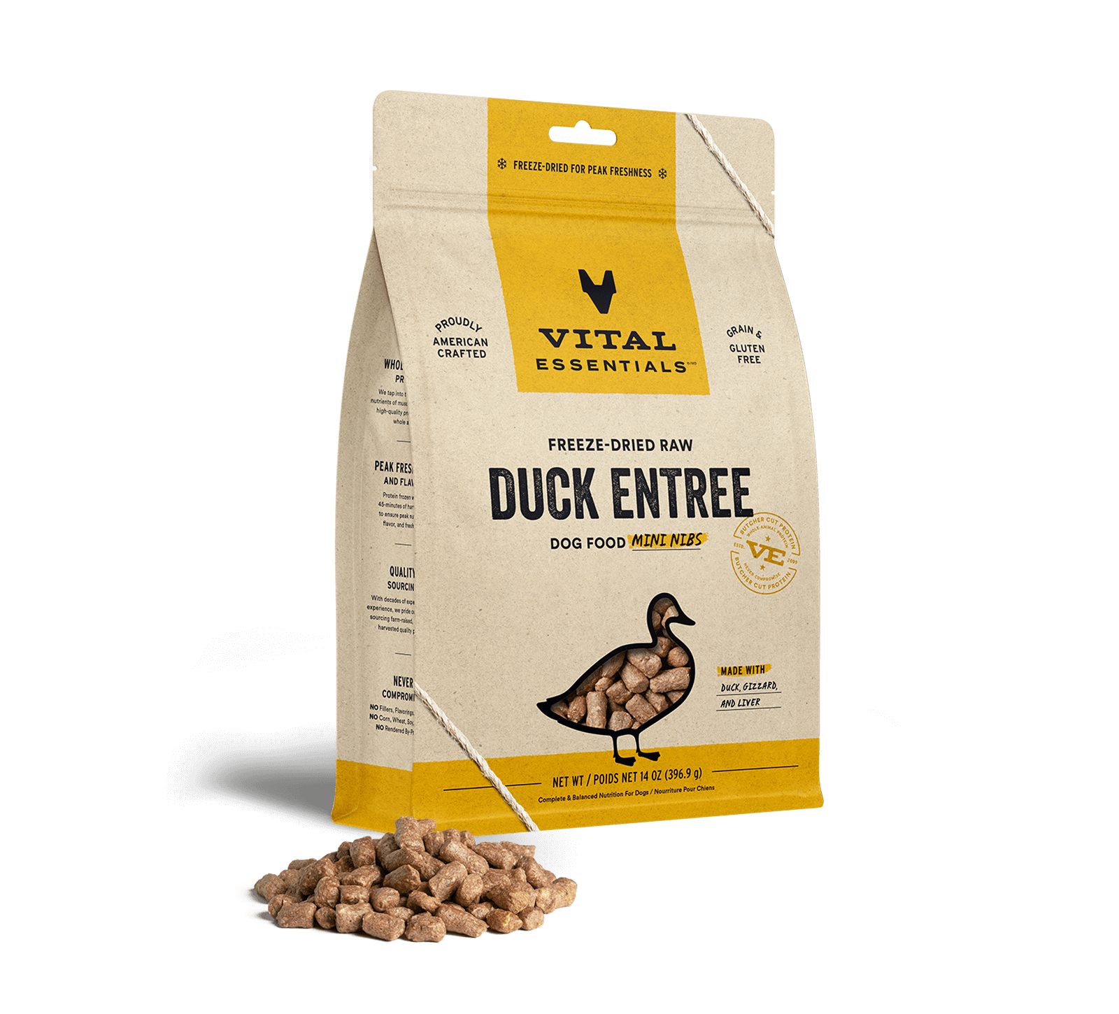 package front vital essentials®_freeze-dried raw_duck_entree_mini nibs_dog food