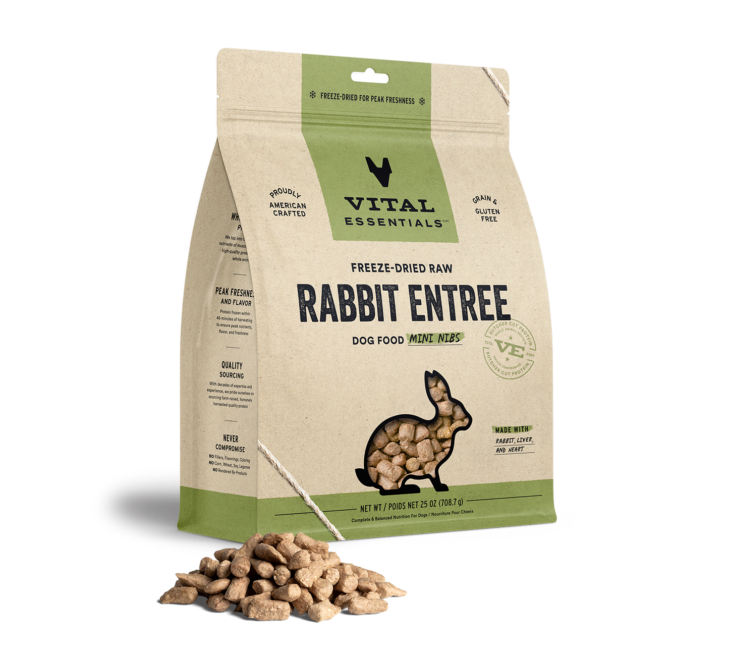 package front vital essentials®_freeze-dried raw_rabbit_entree_mini nibs_dog food