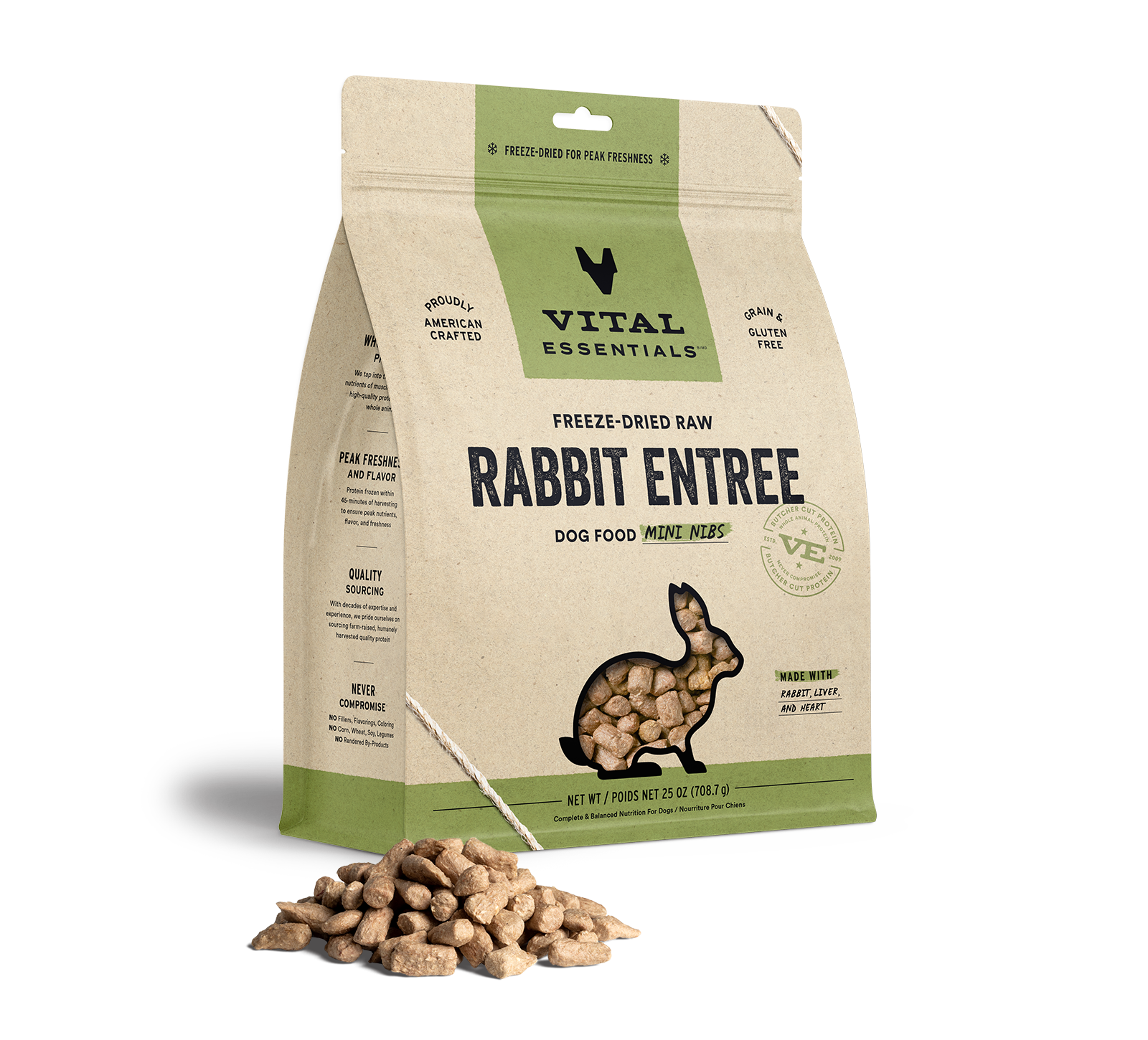 package front vital essentials®_freeze-dried raw_rabbit_entree_mini nibs_dog food