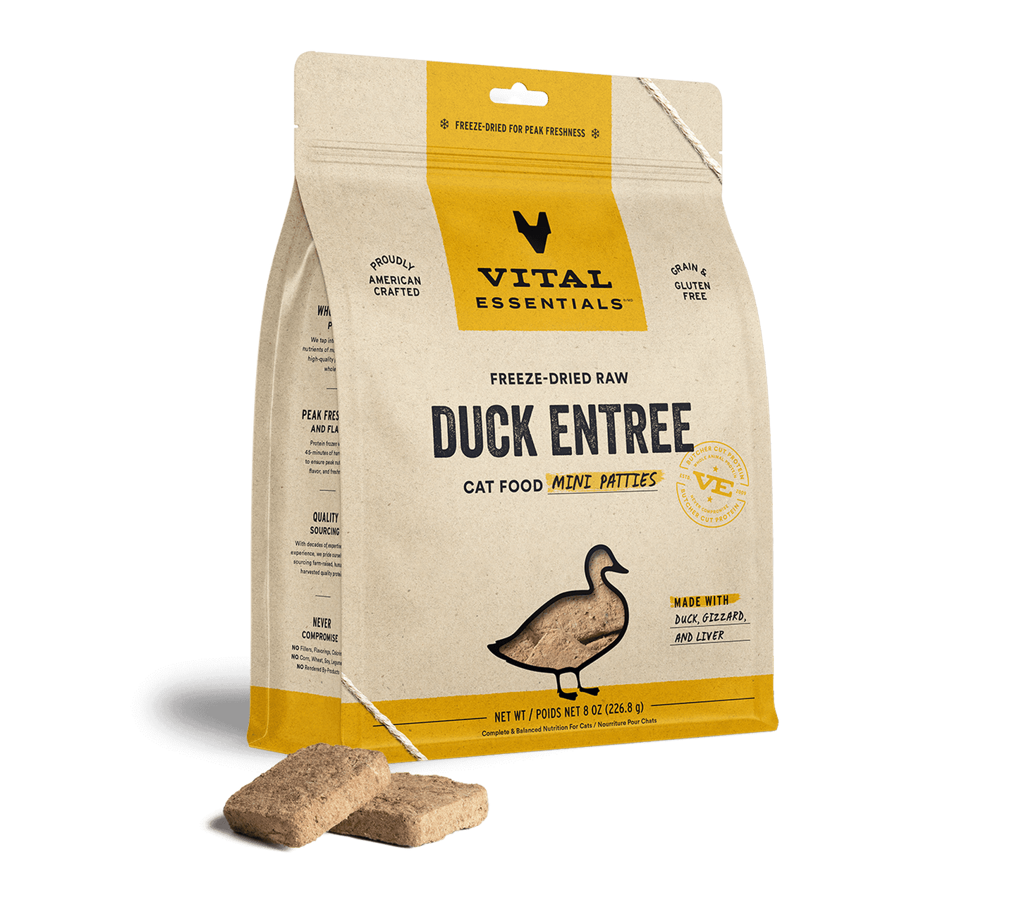 package front vital essentials®_freeze-dried raw_duck_entree_mini patties_cat food