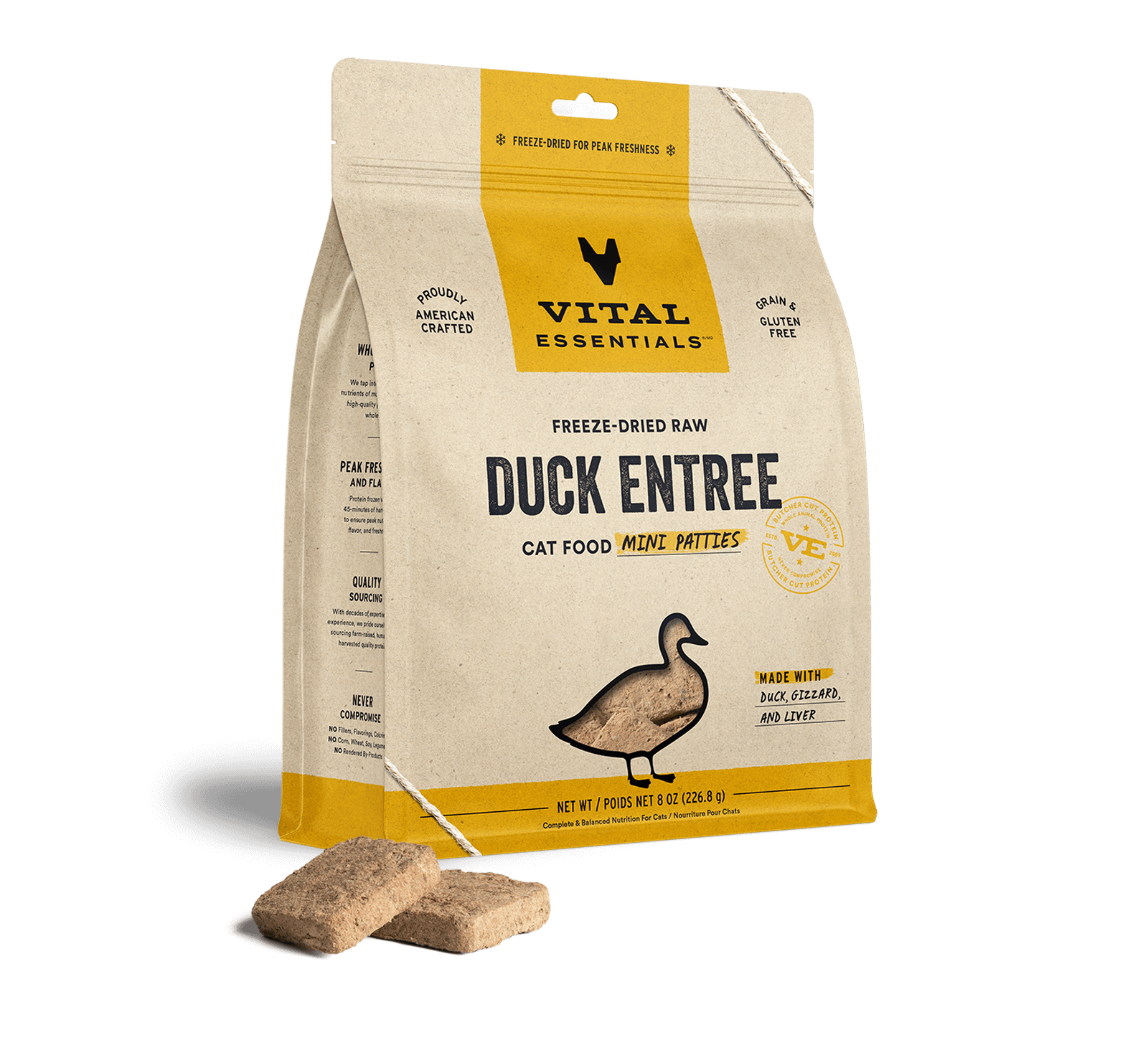 package front vital essentials®_freeze-dried raw_duck_entree_mini patties_cat food