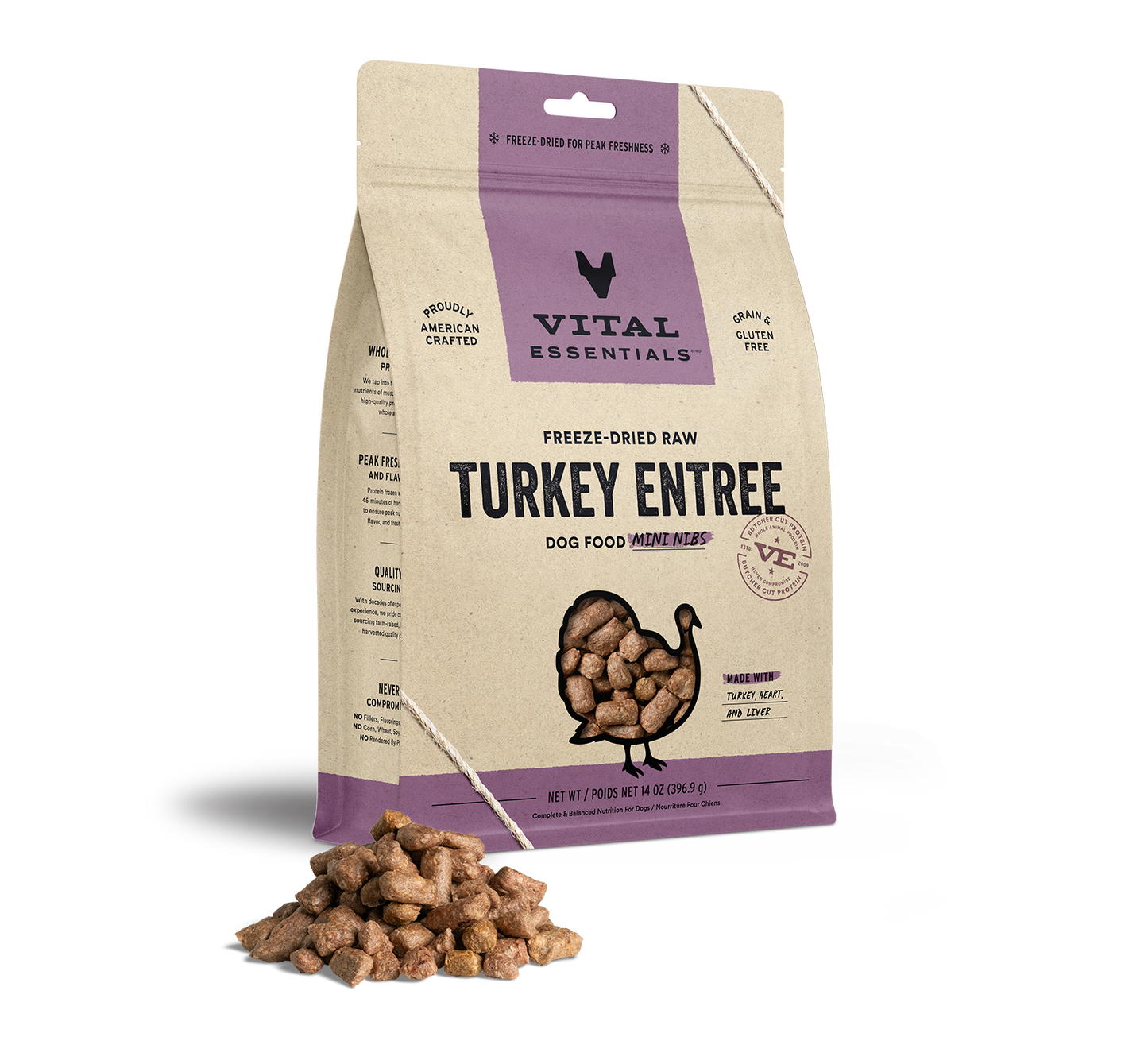 package front vital essentials®_freeze-dried raw_turkey_entree_mini nibs_dog food