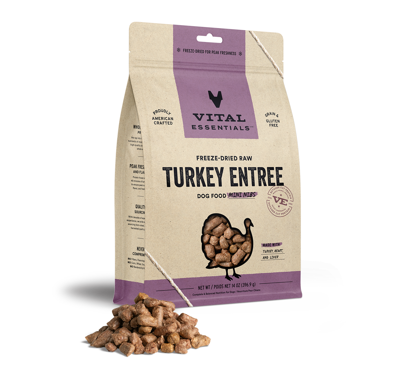 package front vital essentials®_freeze-dried raw_turkey_entree_mini nibs_dog food