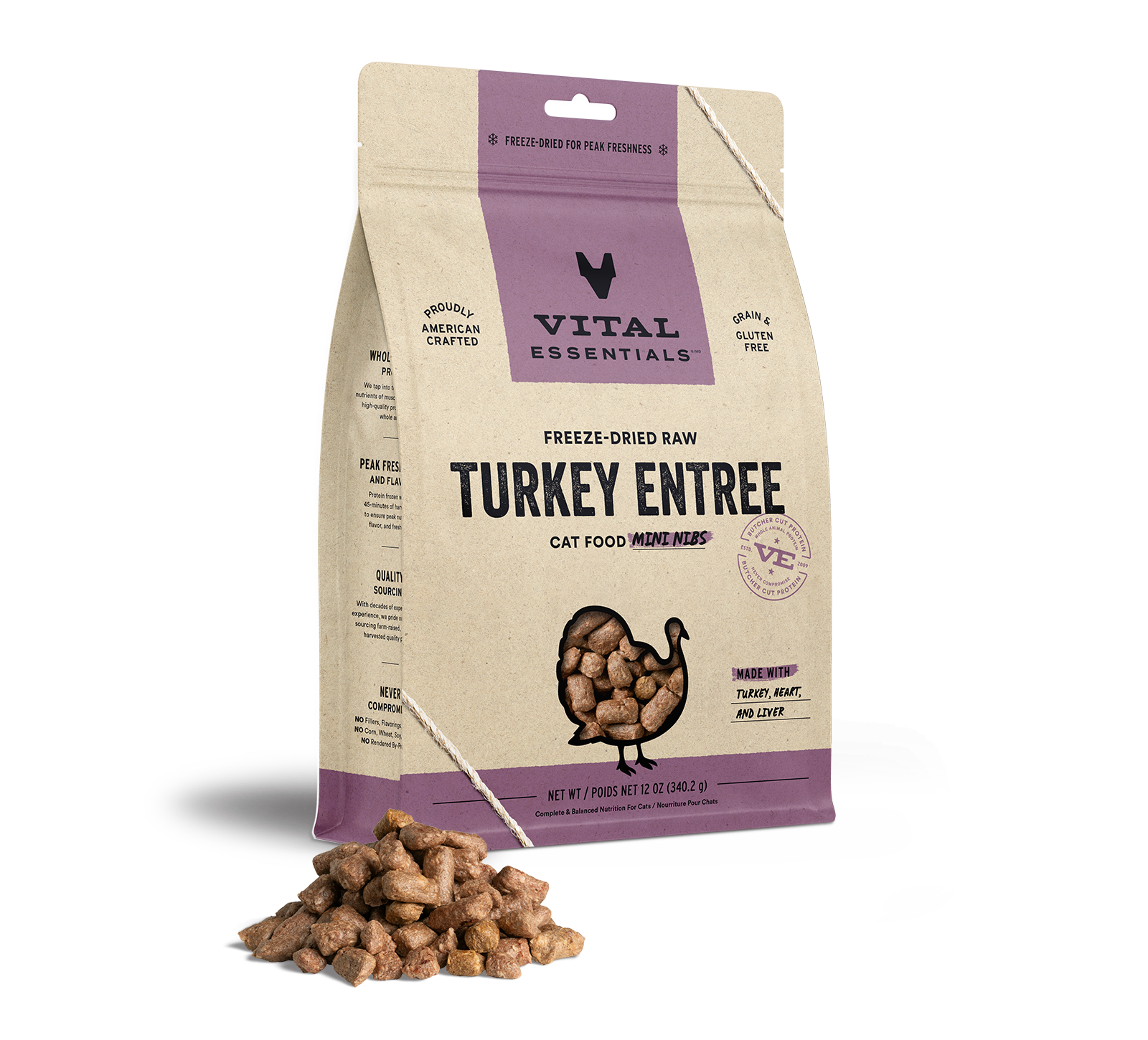 package front vital essentials®_freeze-dried raw_turkey_entree_mini nibs_cat food