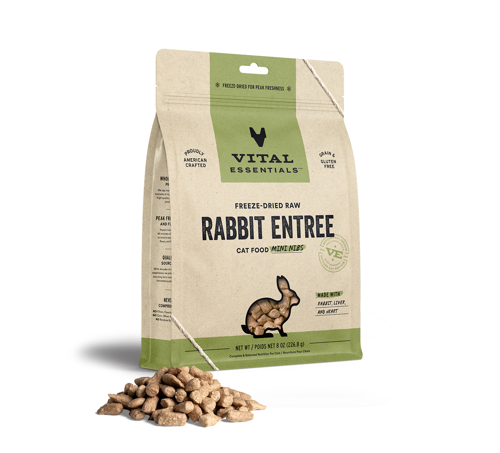 package front vital essentials®_freeze-dried raw_rabbit_entree_mini nibs_cat food