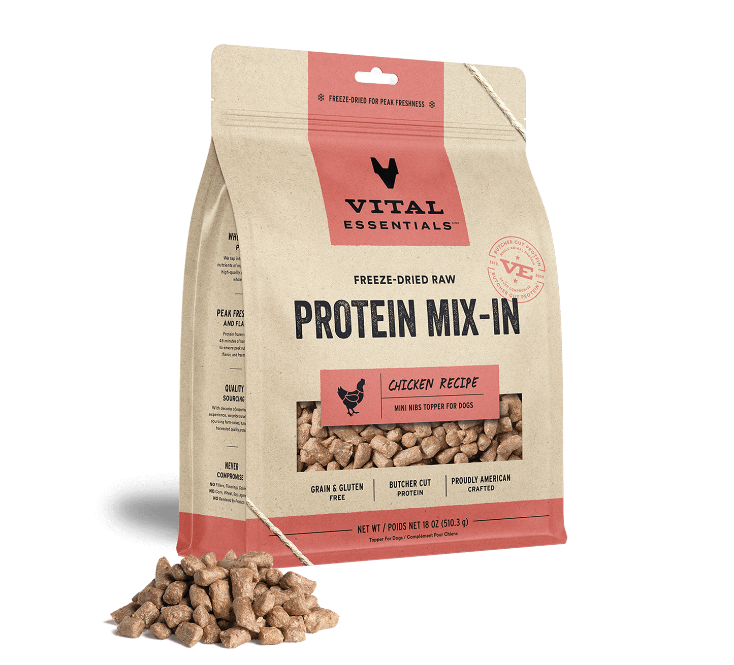 package front vital essentials®_freeze-dried raw protein mix-in_chicken_recipe_mini nibs_topper for dogs