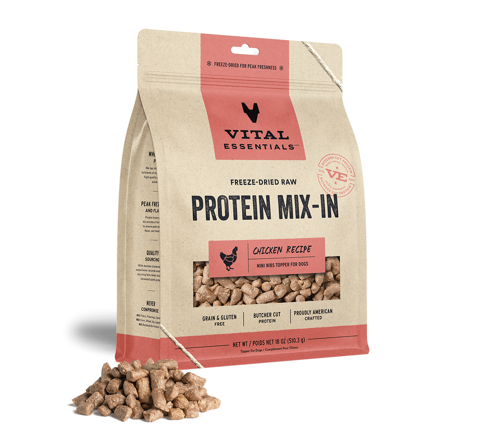 package front vital essentials®_freeze-dried raw protein mix-in_chicken_recipe_mini nibs_topper for dogs