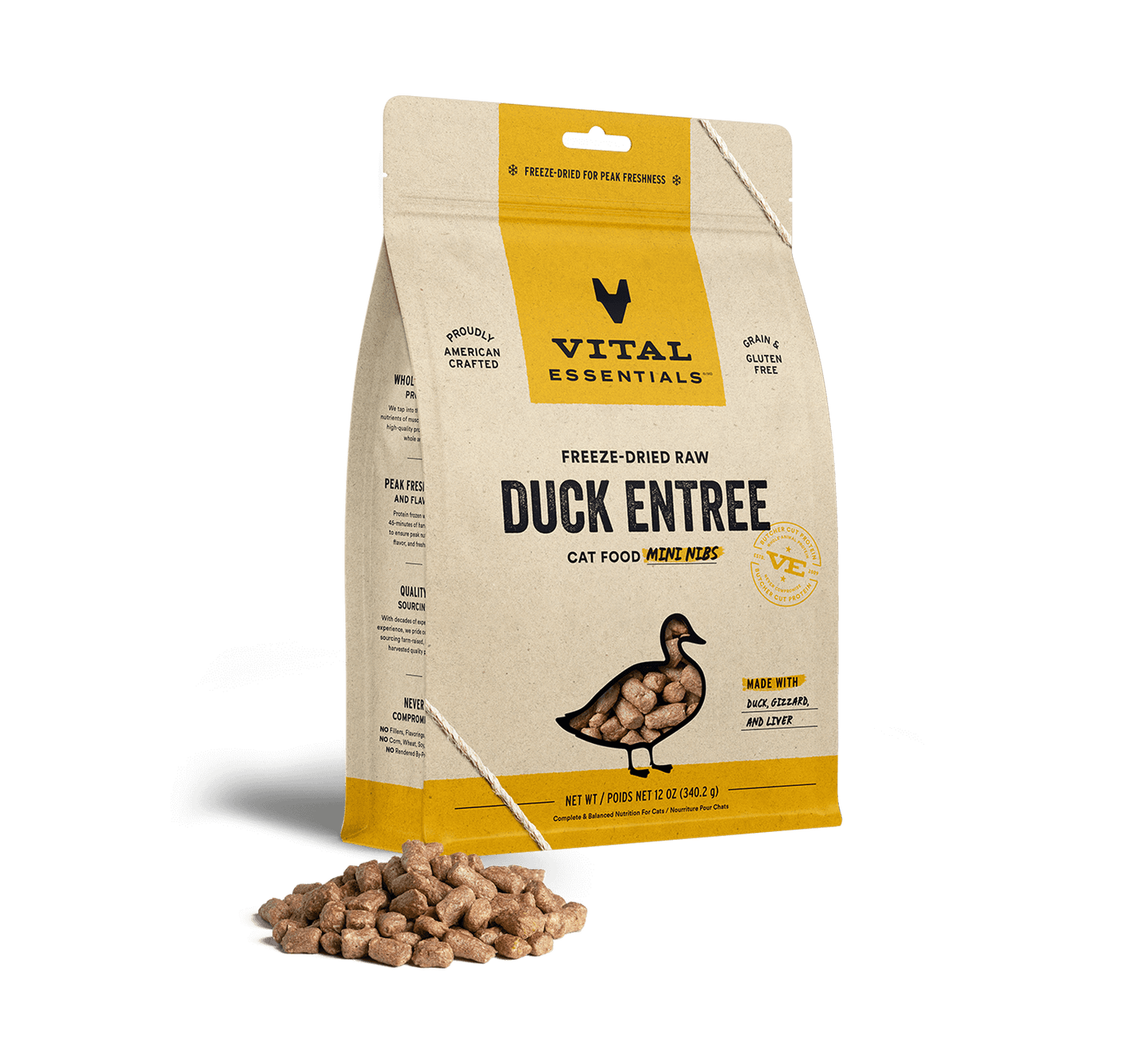 package front vital essentials®_freeze-dried raw_duck_entree_mini nibs_cat food