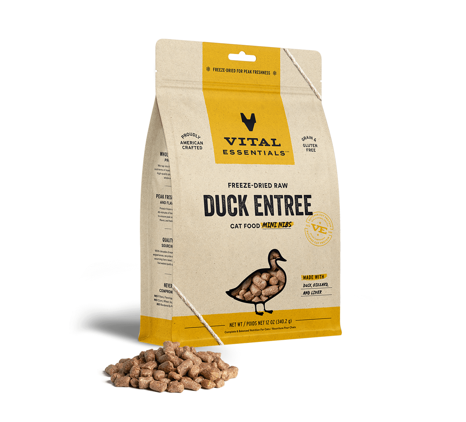 package front vital essentials®_freeze-dried raw_duck_entree_mini nibs_cat food