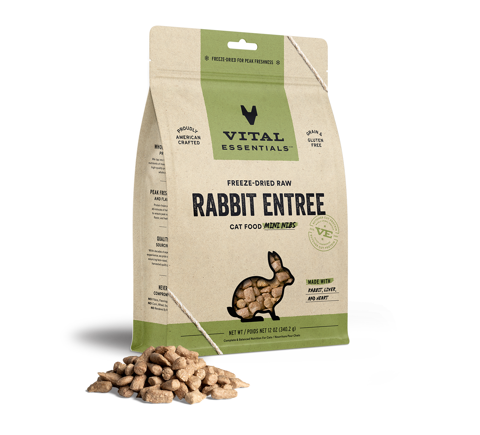 package front vital essentials®_freeze-dried raw_rabbit_entree_mini nibs_cat food