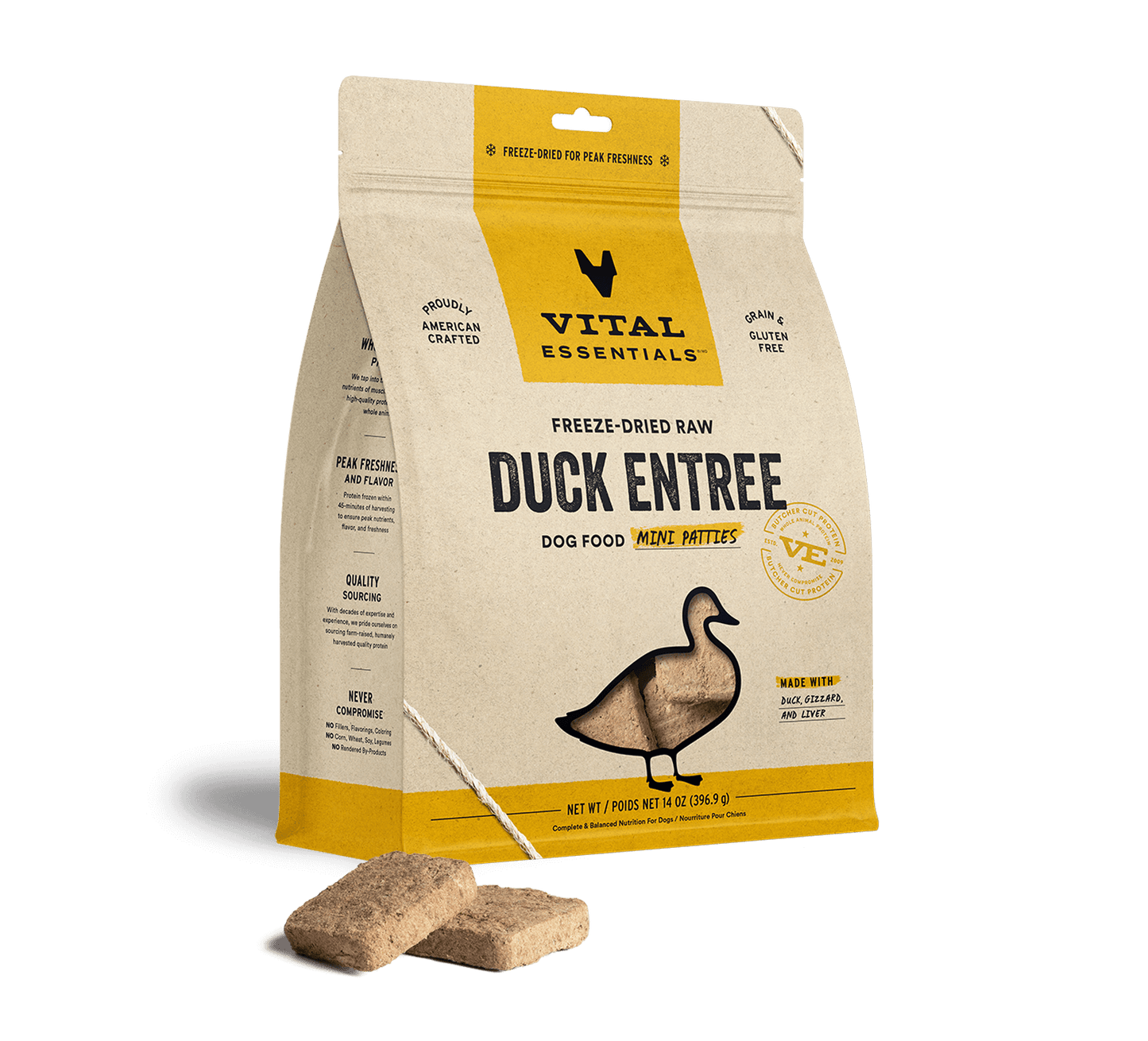 package front vital essentials®_freeze-dried raw_duck_entree_mini patties_dog food