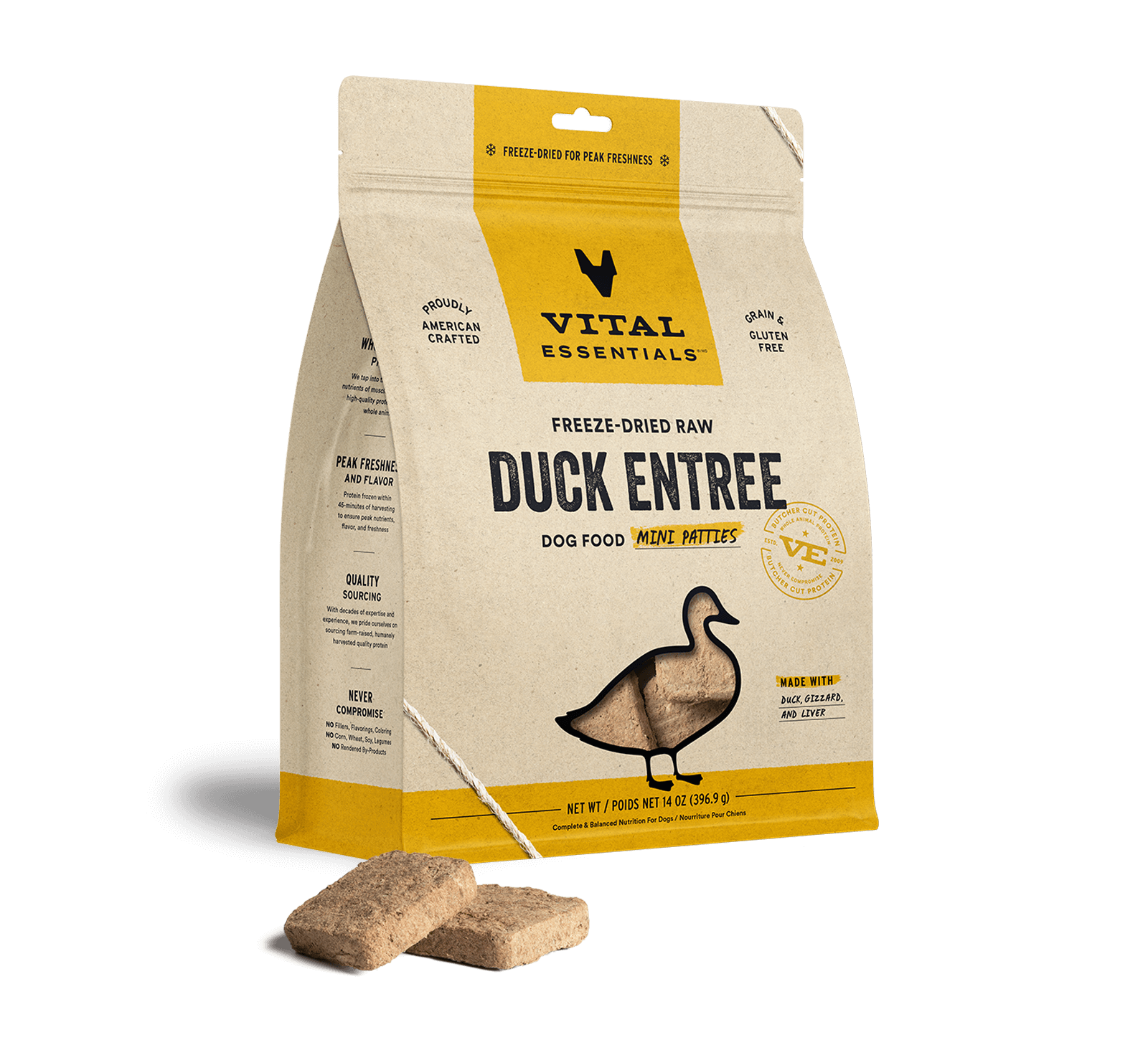 package front vital essentials®_freeze-dried raw_duck_entree_mini patties_dog food