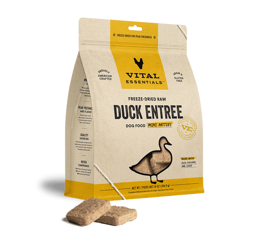 package front vital essentials®_freeze-dried raw_duck_entree_mini patties_dog food