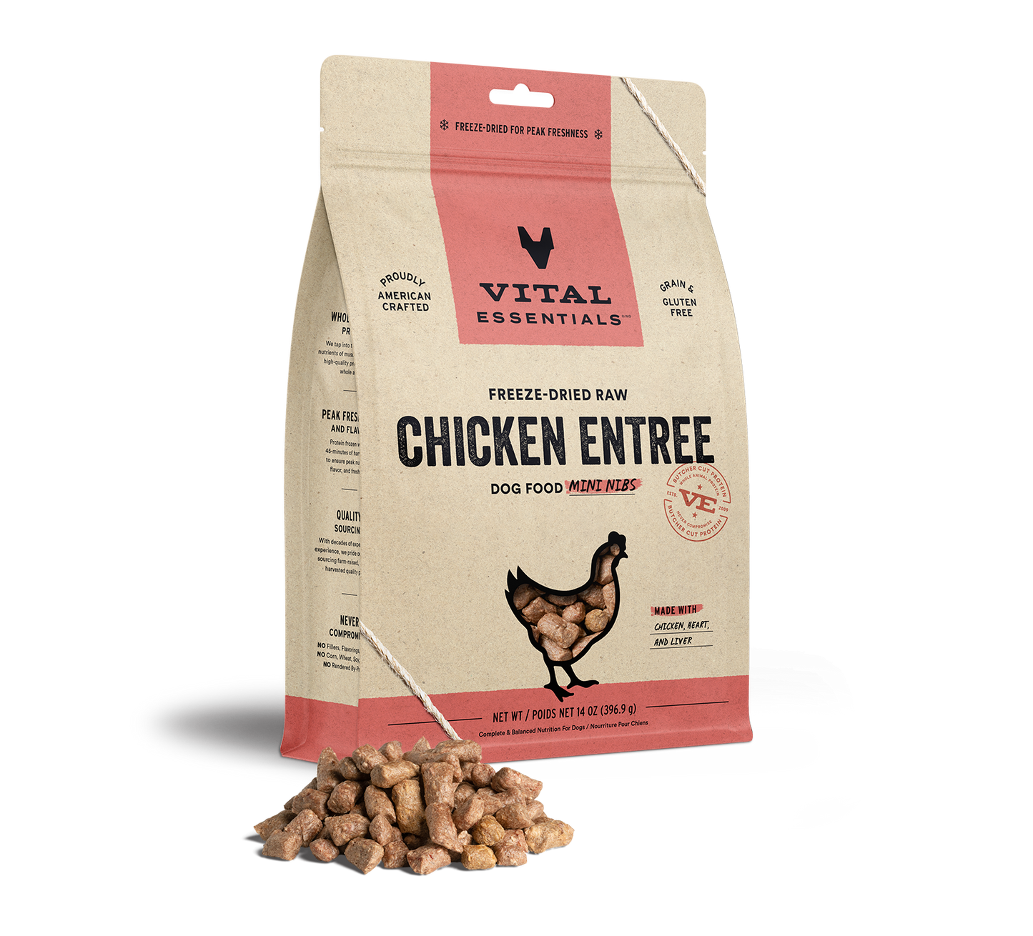 package front vital essentials®_freeze-dried raw_chicken_entree_mini nibs_dog food