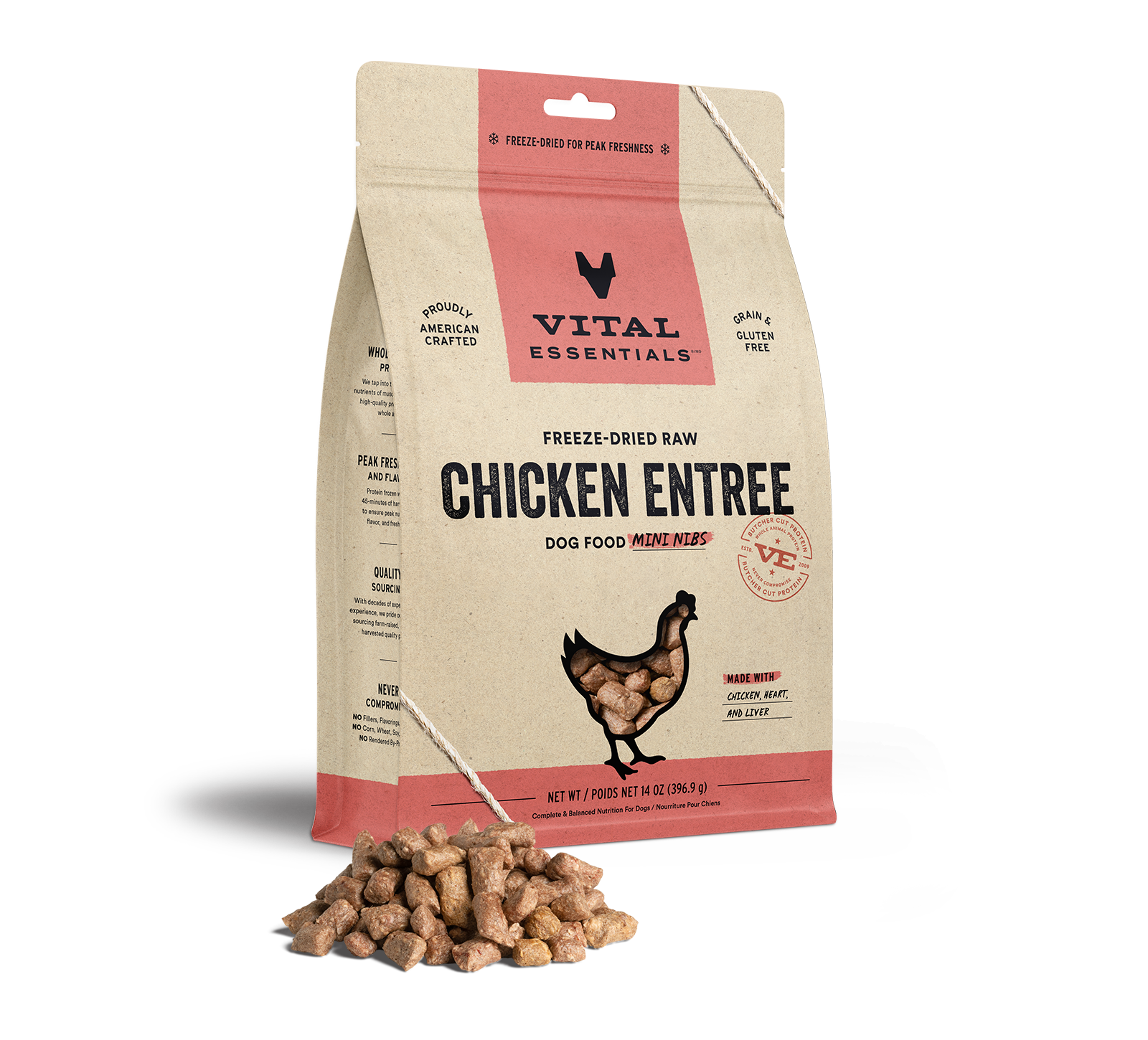 package front vital essentials®_freeze-dried raw_chicken_entree_mini nibs_dog food