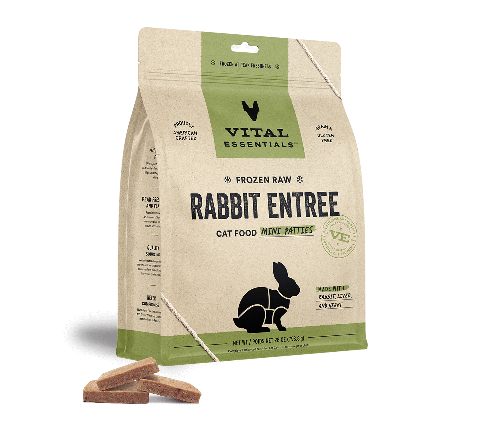 package front vital essentials®_frozen raw_rabbit_entree_mini patties_cat food