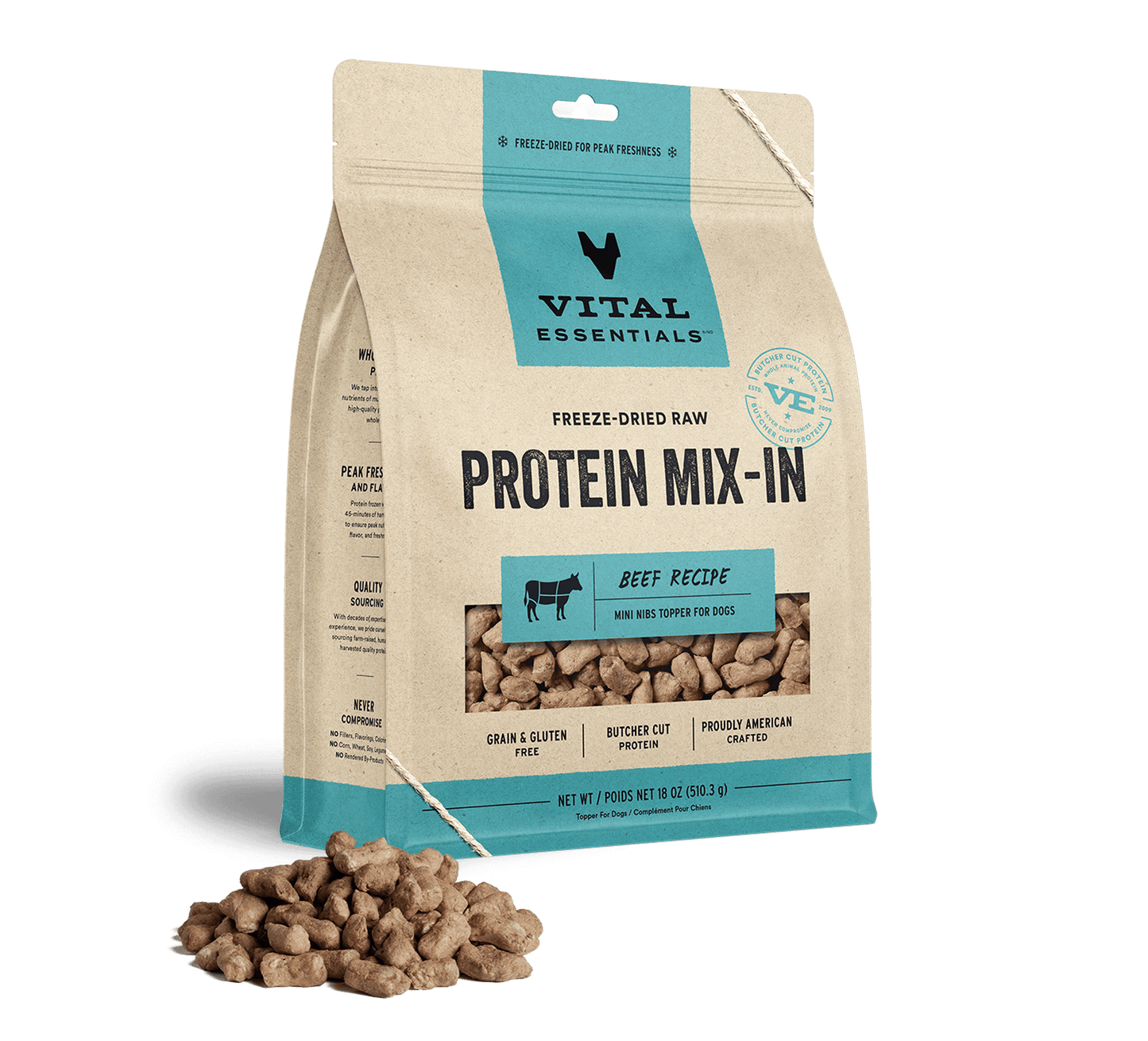 package front vital essentials®_freeze-dried raw protein mix-in_beef_recipe_mini nibs_topper for dogs