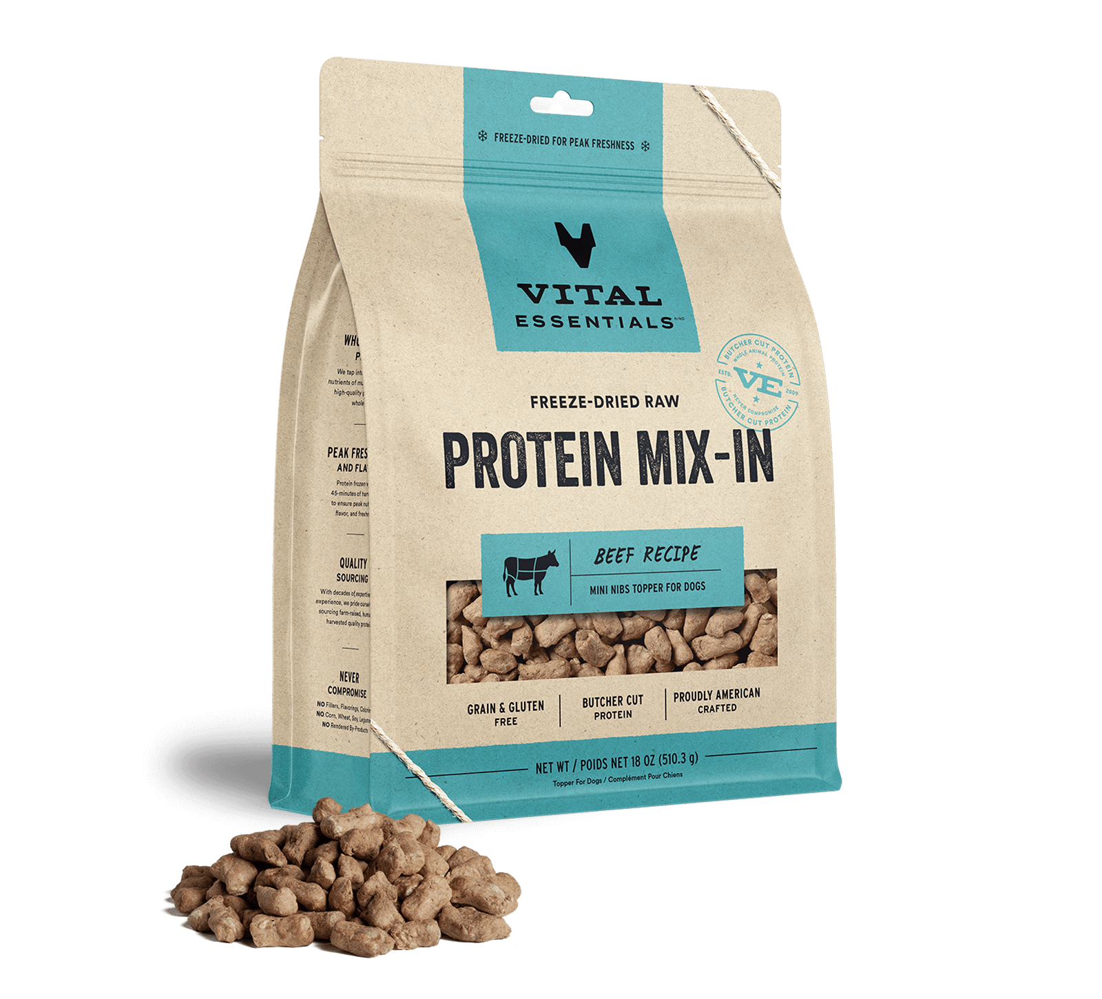 package front vital essentials®_freeze-dried raw protein mix-in_beef_recipe_mini nibs_topper for dogs