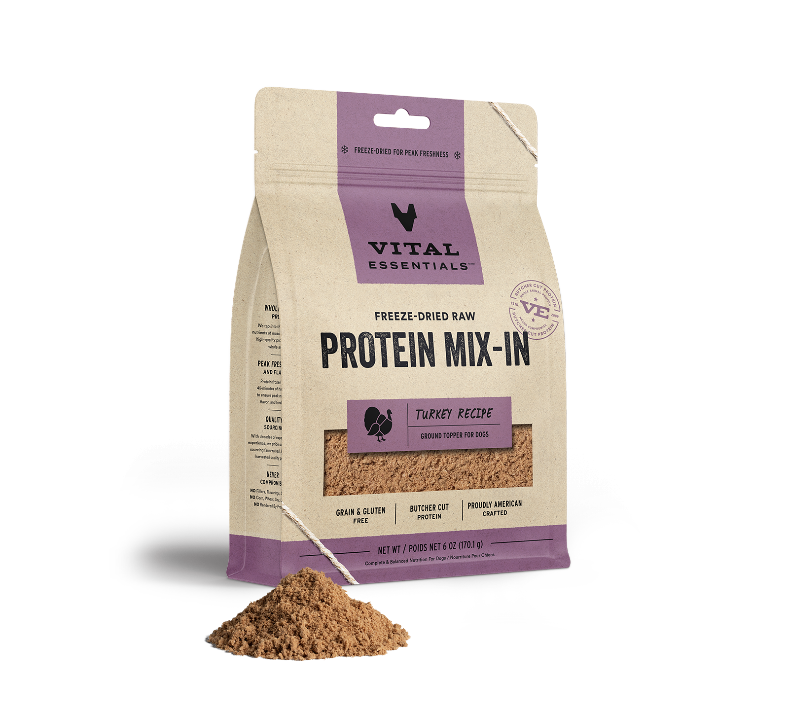 package front vital essentials®_freeze-dried raw protein mix-in_turkey_recipe_ground_topper for dogs