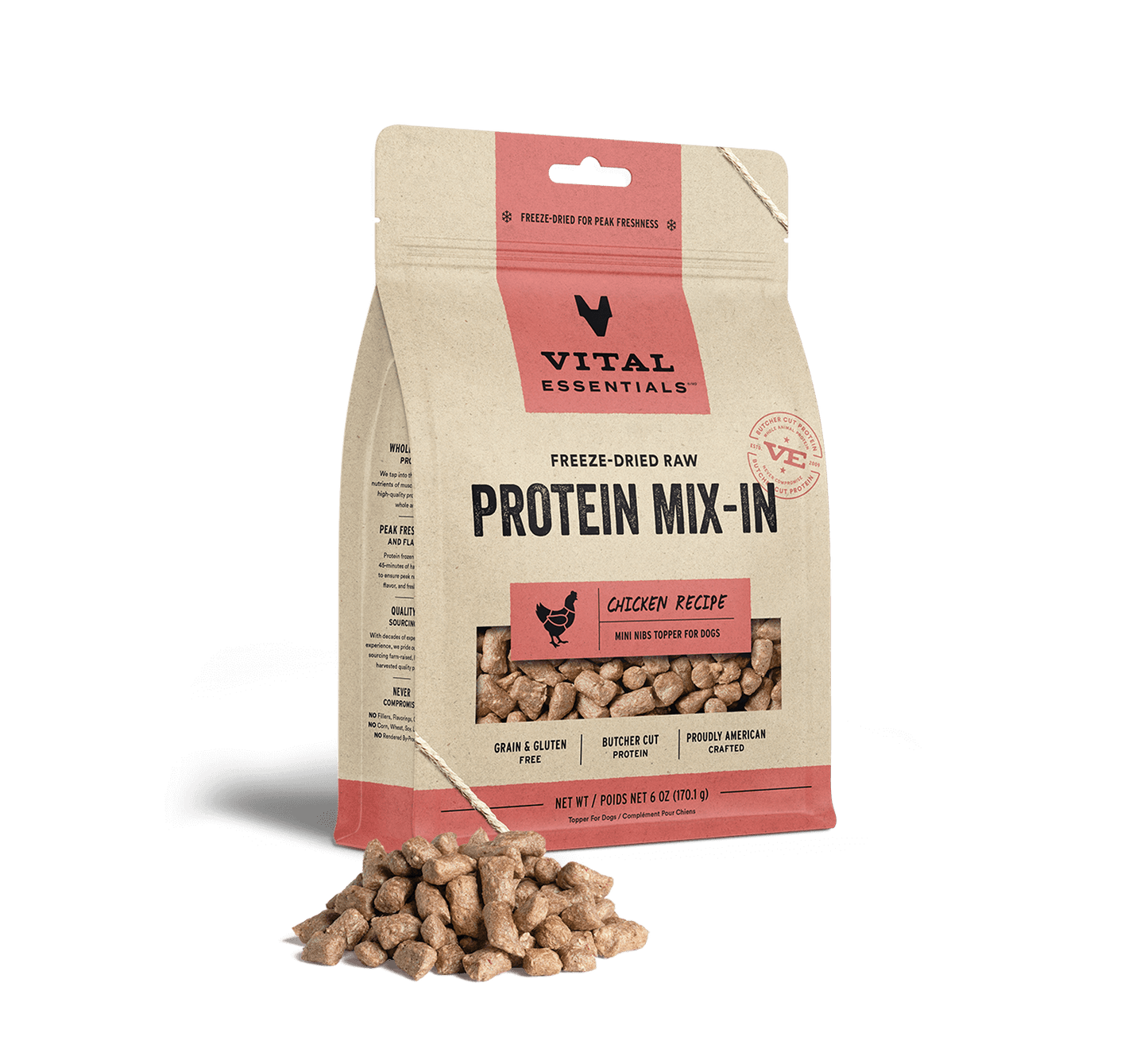 package front vital essentials®_freeze-dried raw protein mix-in_chicken_recipe_mini nibs_topper for dogs