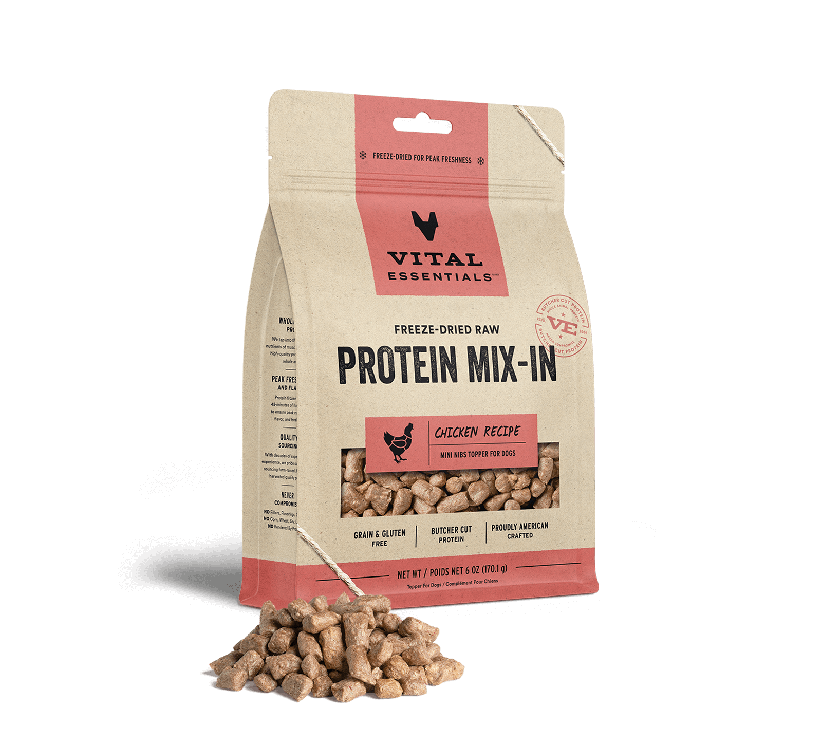 package front vital essentials®_freeze-dried raw protein mix-in_chicken_recipe_mini nibs_topper for dogs