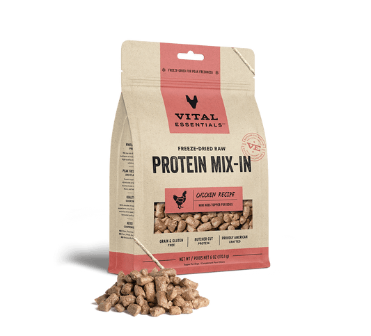 package front vital essentials®_freeze-dried raw protein mix-in_chicken_recipe_mini nibs_topper for dogs